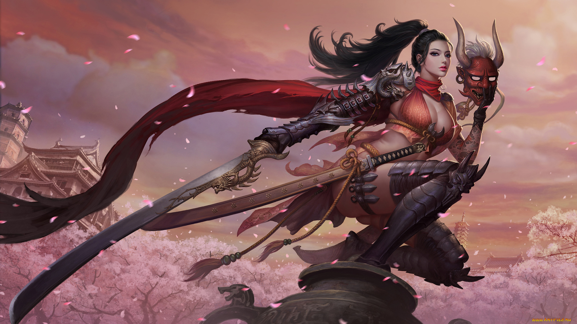 фэнтези, девушки, взгляд, девушка, арт, фэнтази, оружие, поза, маска, япония, сакура