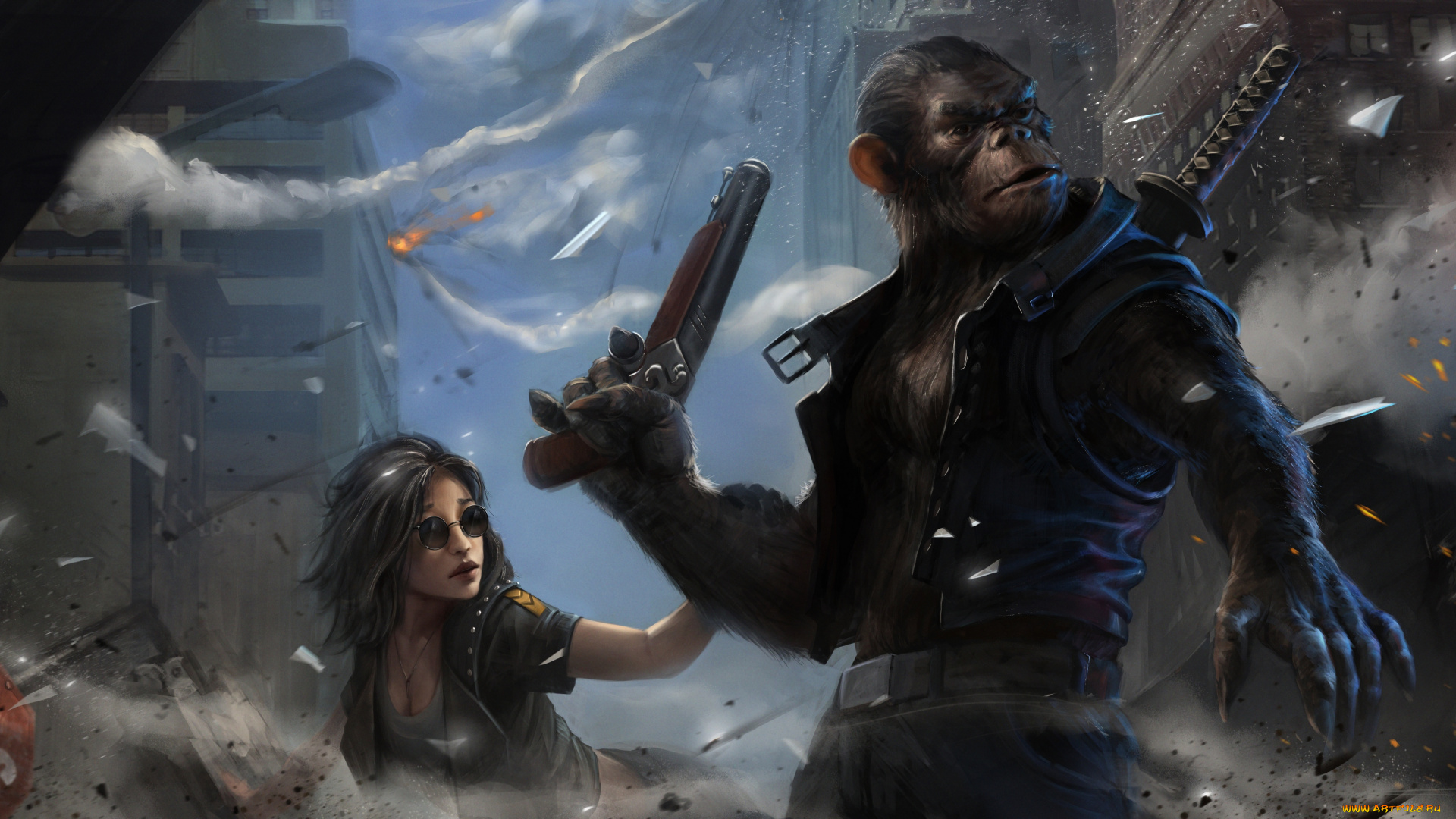 фэнтези, красавицы, и, чудовища, пистолет, обезьяна, девушка, мир, иной, город, меч, взрыв