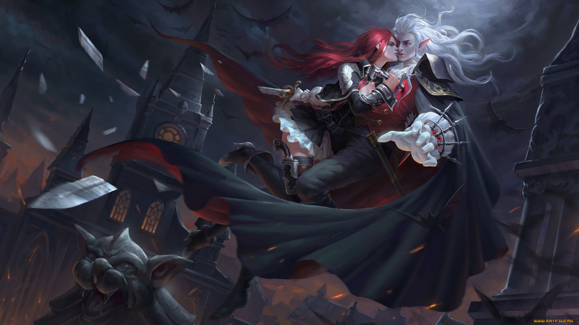 фэнтези, вампиры, арт, девушка, мужчина, вампир, плащ, оружие, летучие, мыши, ночь, луна