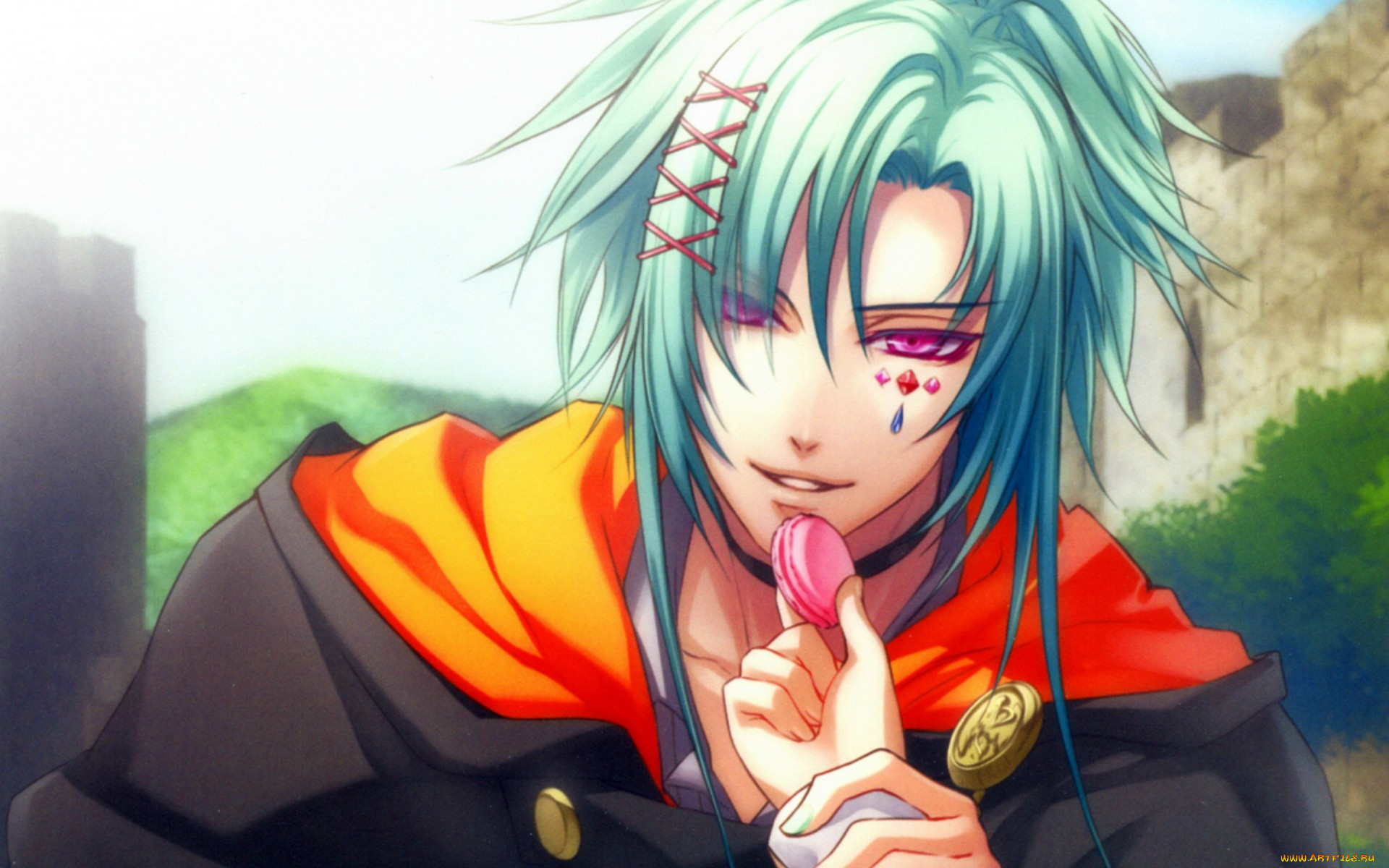 аниме, wand, of, fortune, art, kagerou, usuba, wand, of, fortune, visual, novel, alvaro, garay, голубые, волосы, плащ, рука, флирт