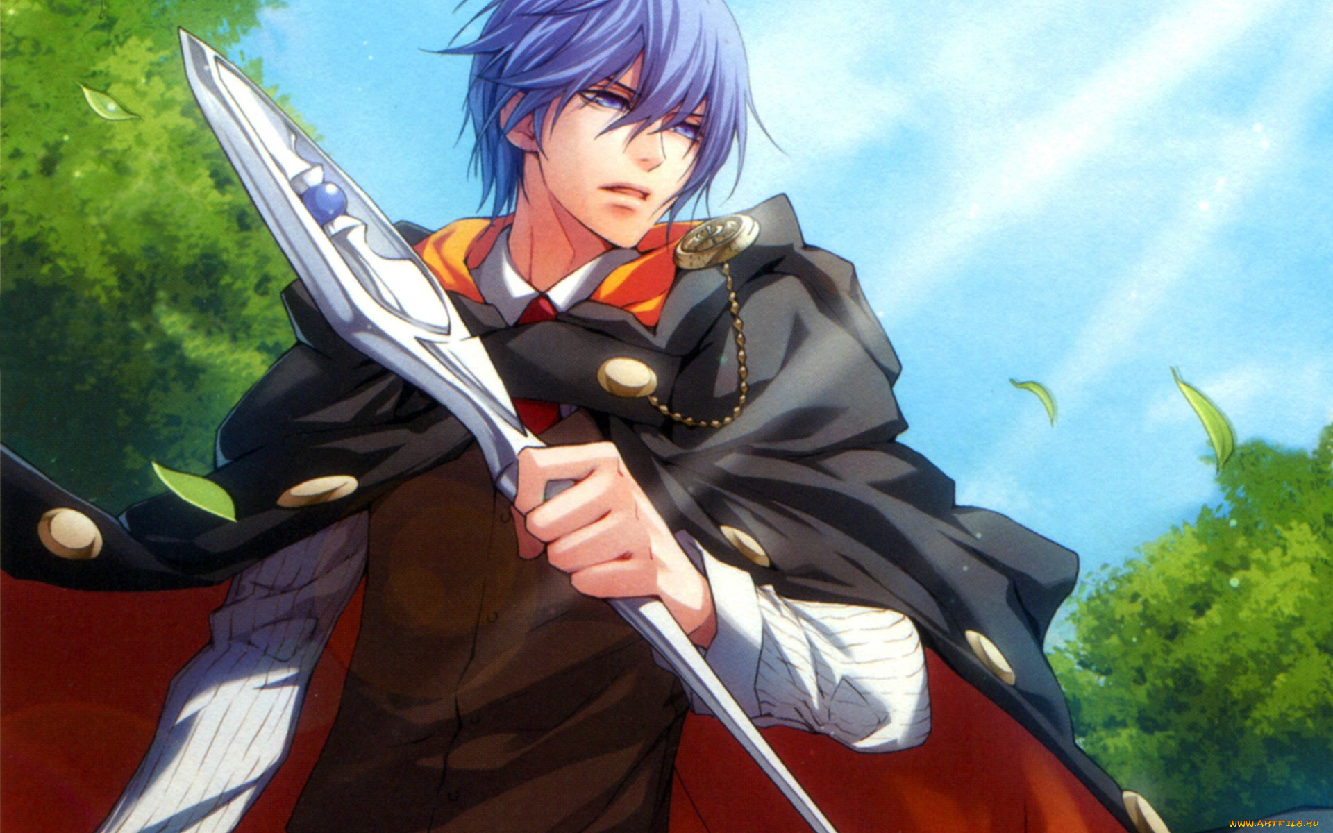 аниме, wand, of, fortune, art, kagerou, usuba, wand, of, fortune, visual, novel, julius, fortner, жезл, фортуны, голубые, глаза, посох, магия, небо, листва, плащ