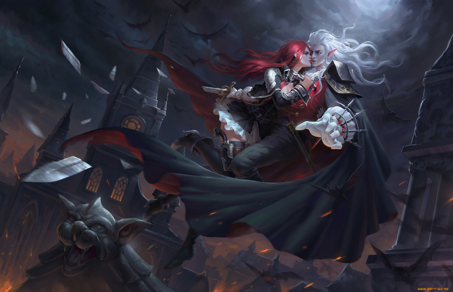 фэнтези, вампиры, арт, девушка, мужчина, вампир, плащ, оружие, летучие, мыши, ночь, луна