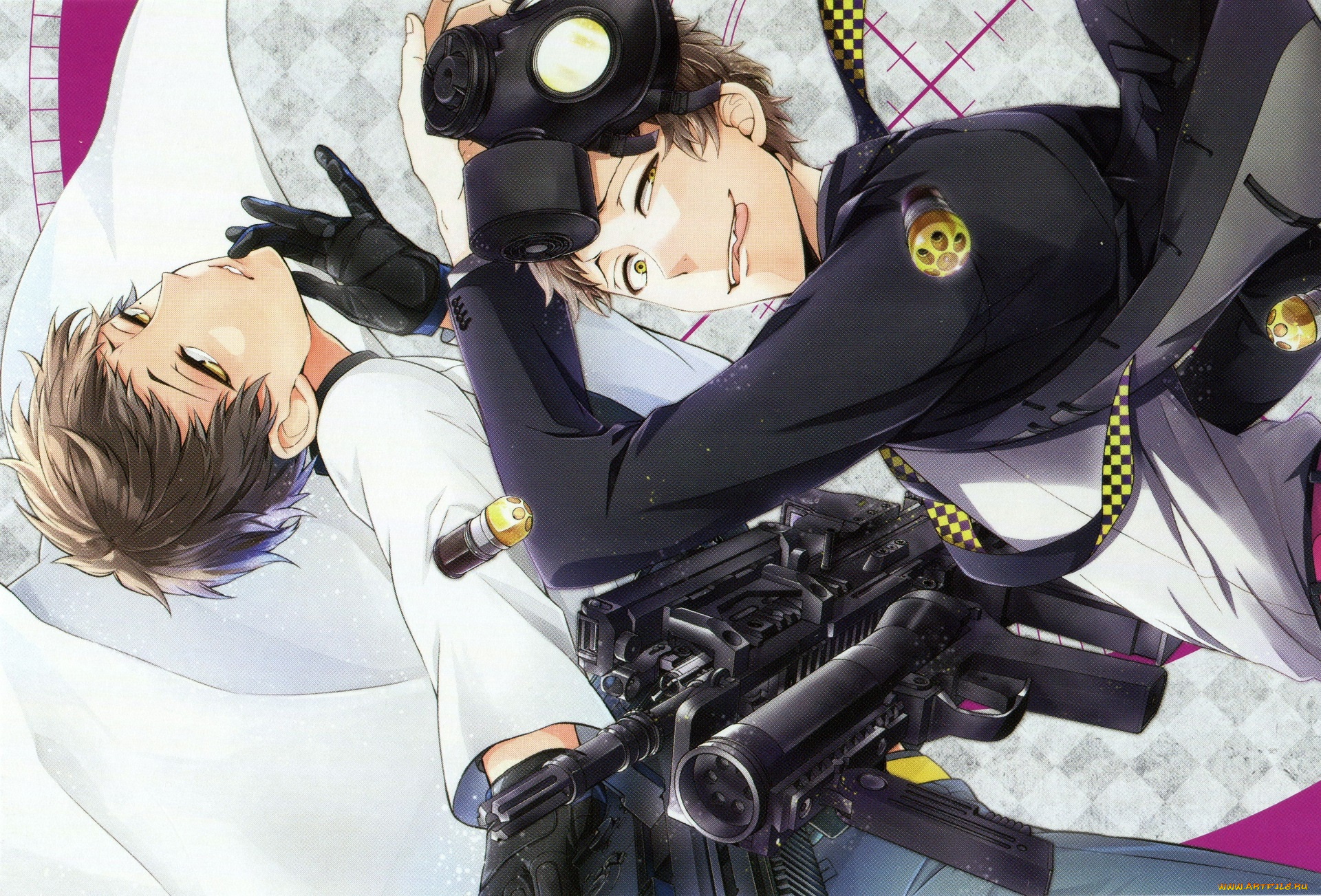 аниме, aoharu, x, kikanjuu, перчатки, ухмылка, язык, патроны, автомат, двое, противогаз, парни, haruki, hosokawa, haruka, art, naoe, aoharu, x, kikanjuu