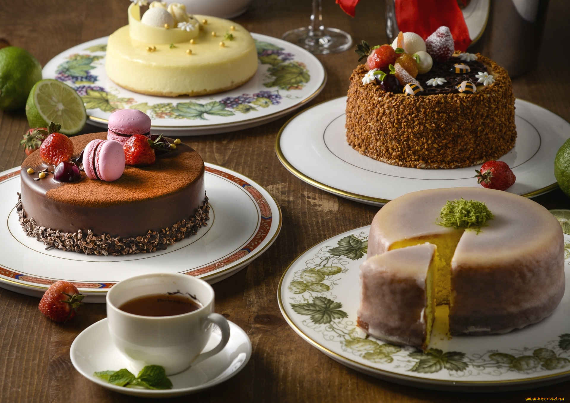 еда, торты, макарун, чай, крем, ягоды, десерт, торт