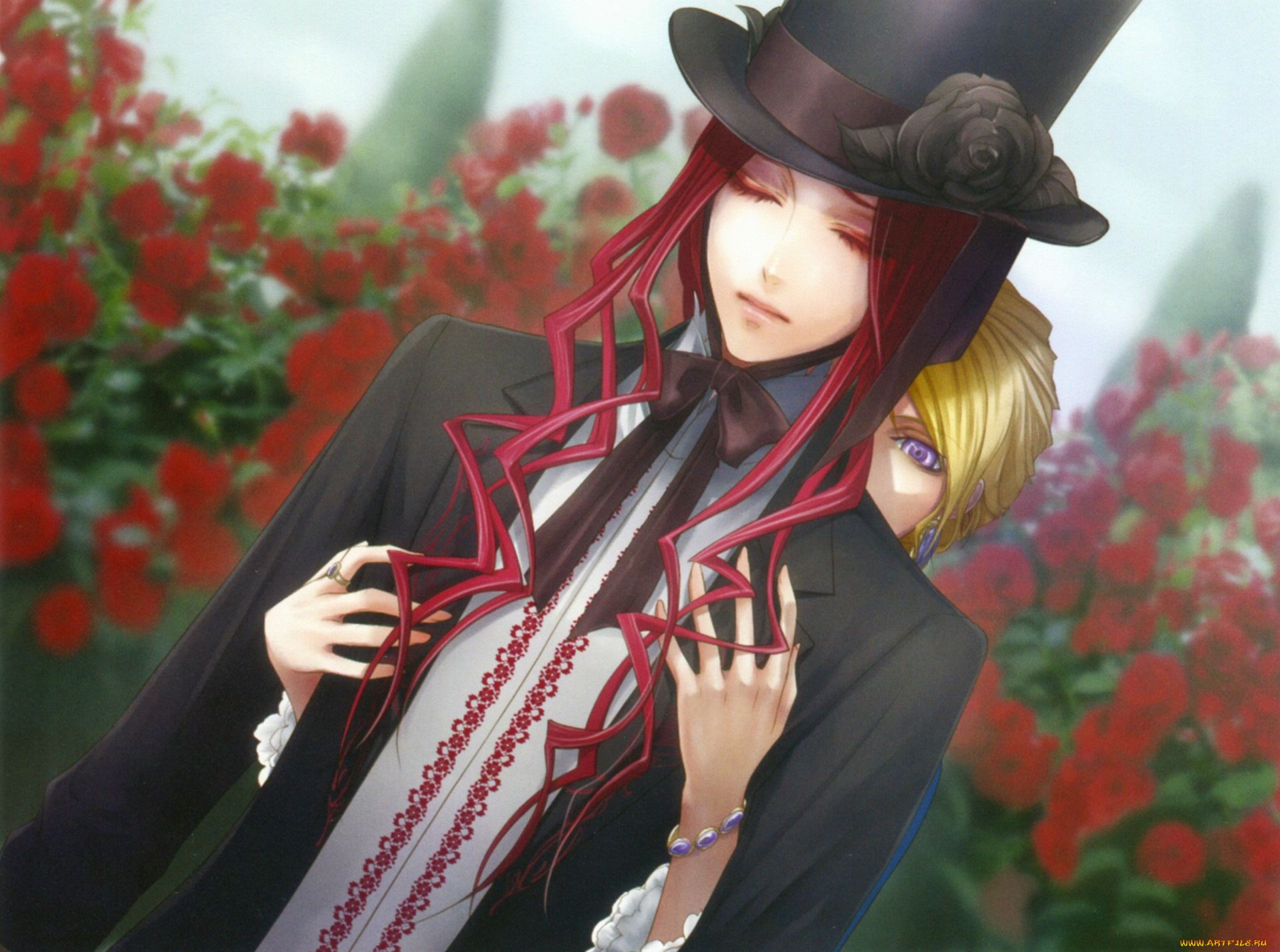 аниме, wand, of, fortune, visual, novel, gil, hanna, ellington, цилиндр, руки, кусты, розы, закрытые, глаза