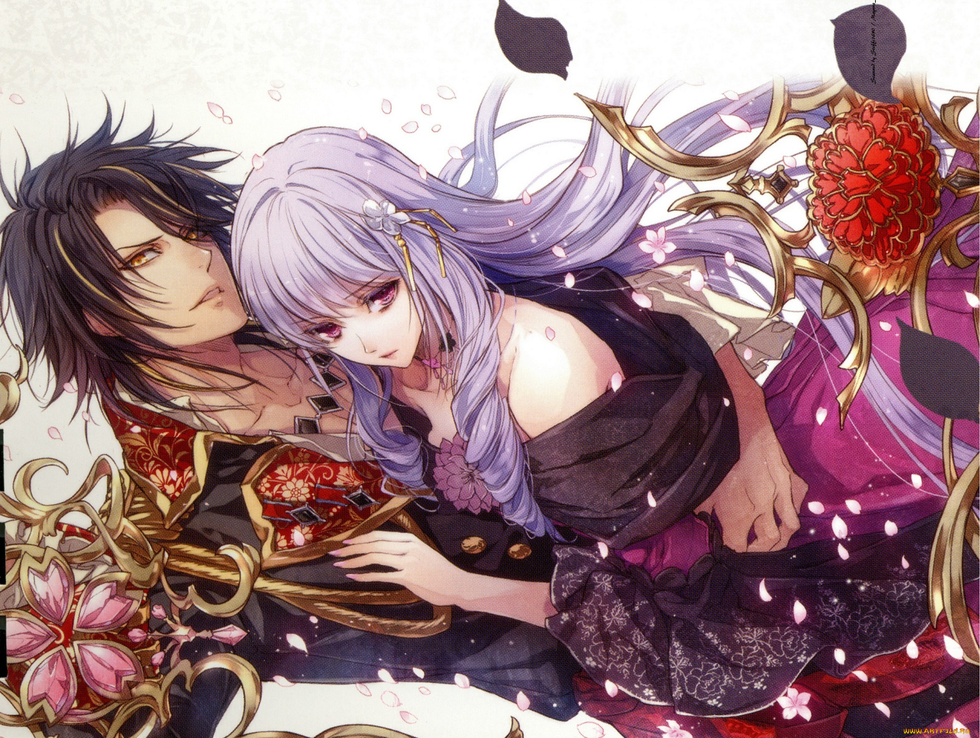 аниме, wand, of, fortune, art, kagerou, usuba, reine, des, fleurs, visual, novel, leon, violette, королева, цветов, двое, цветы, лепестки