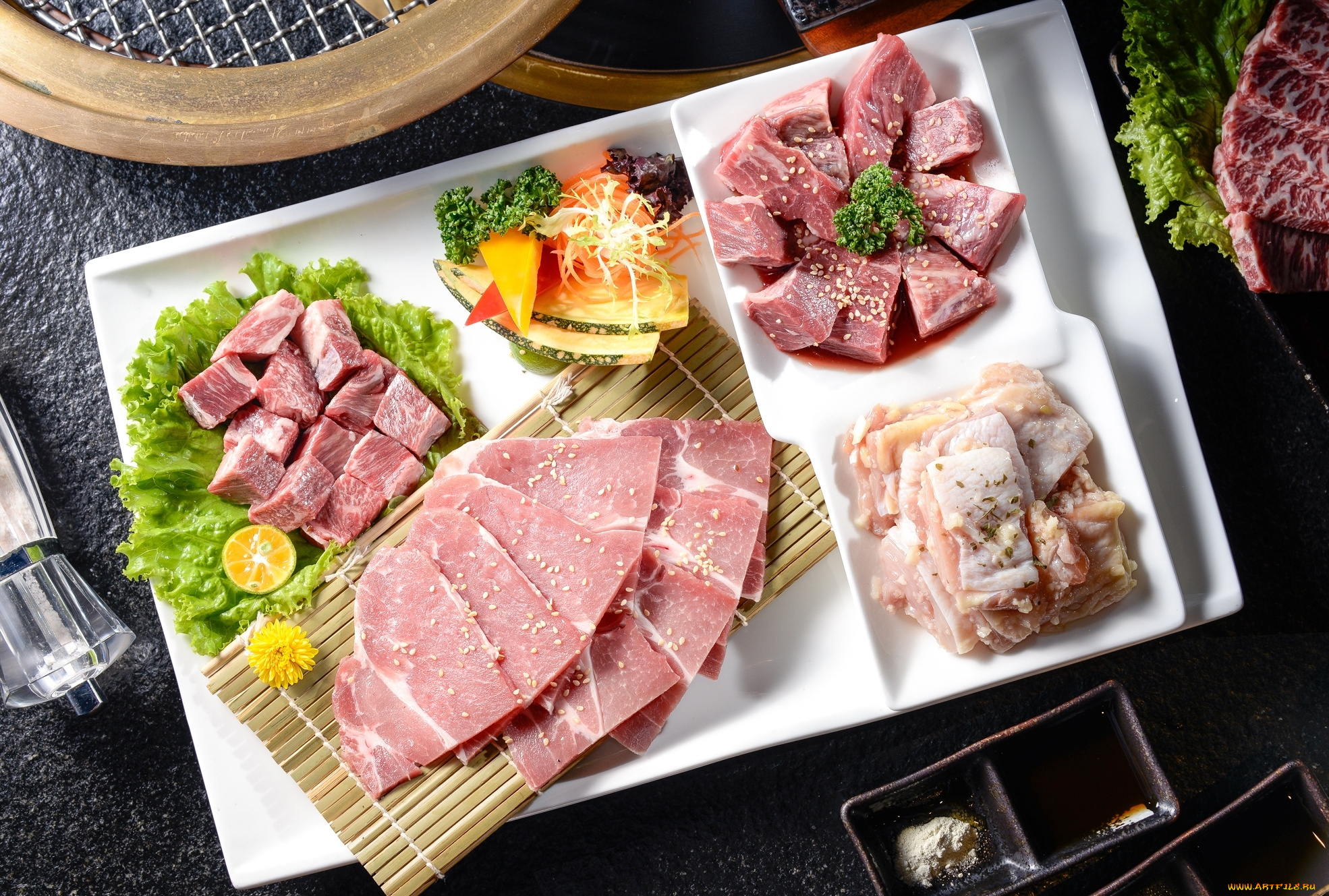 еда, мясные, блюда, нарезка, мясо, овощи, кунжут