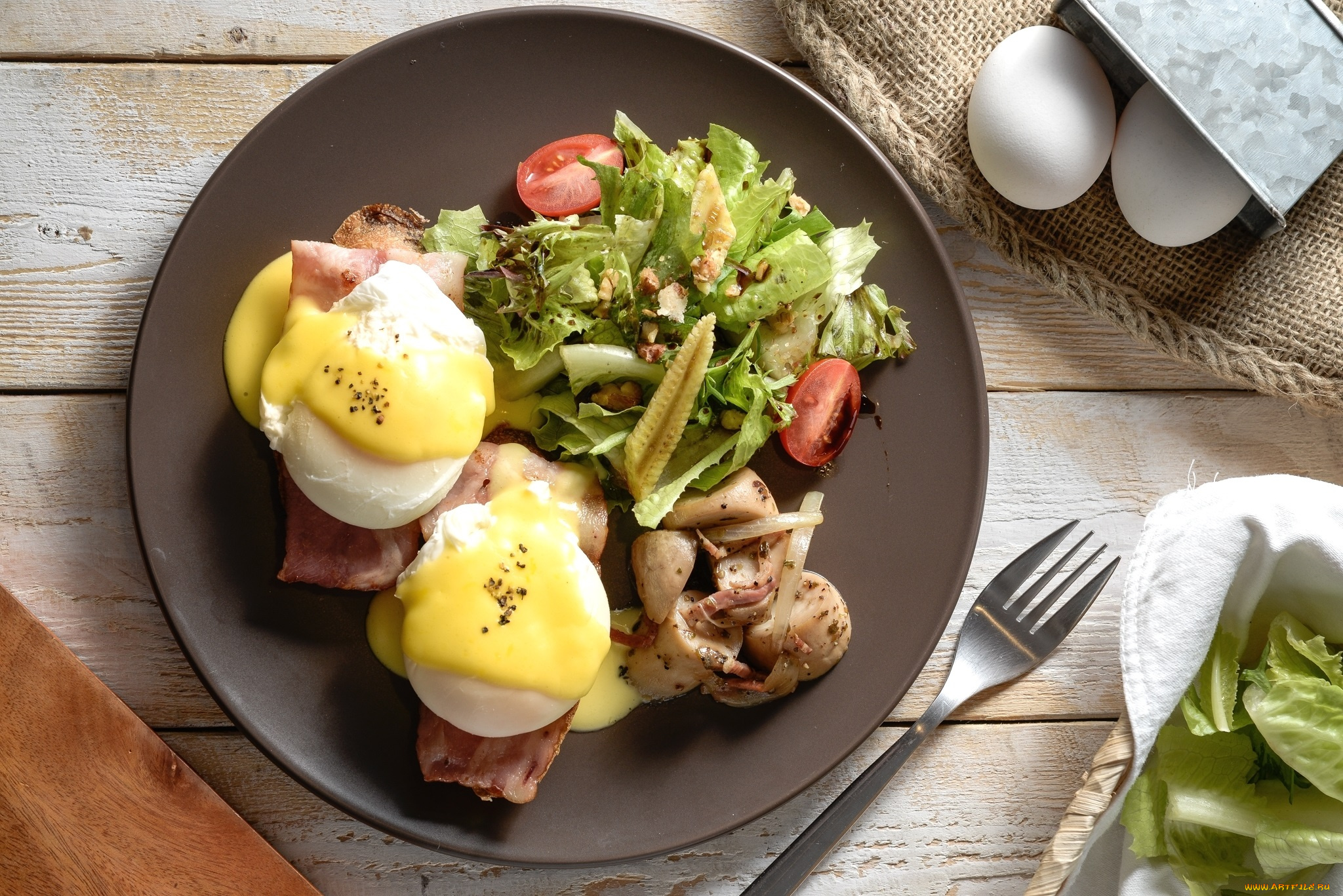 еда, Яичные, блюда, салат, бекон, овощи, пашот, яйца
