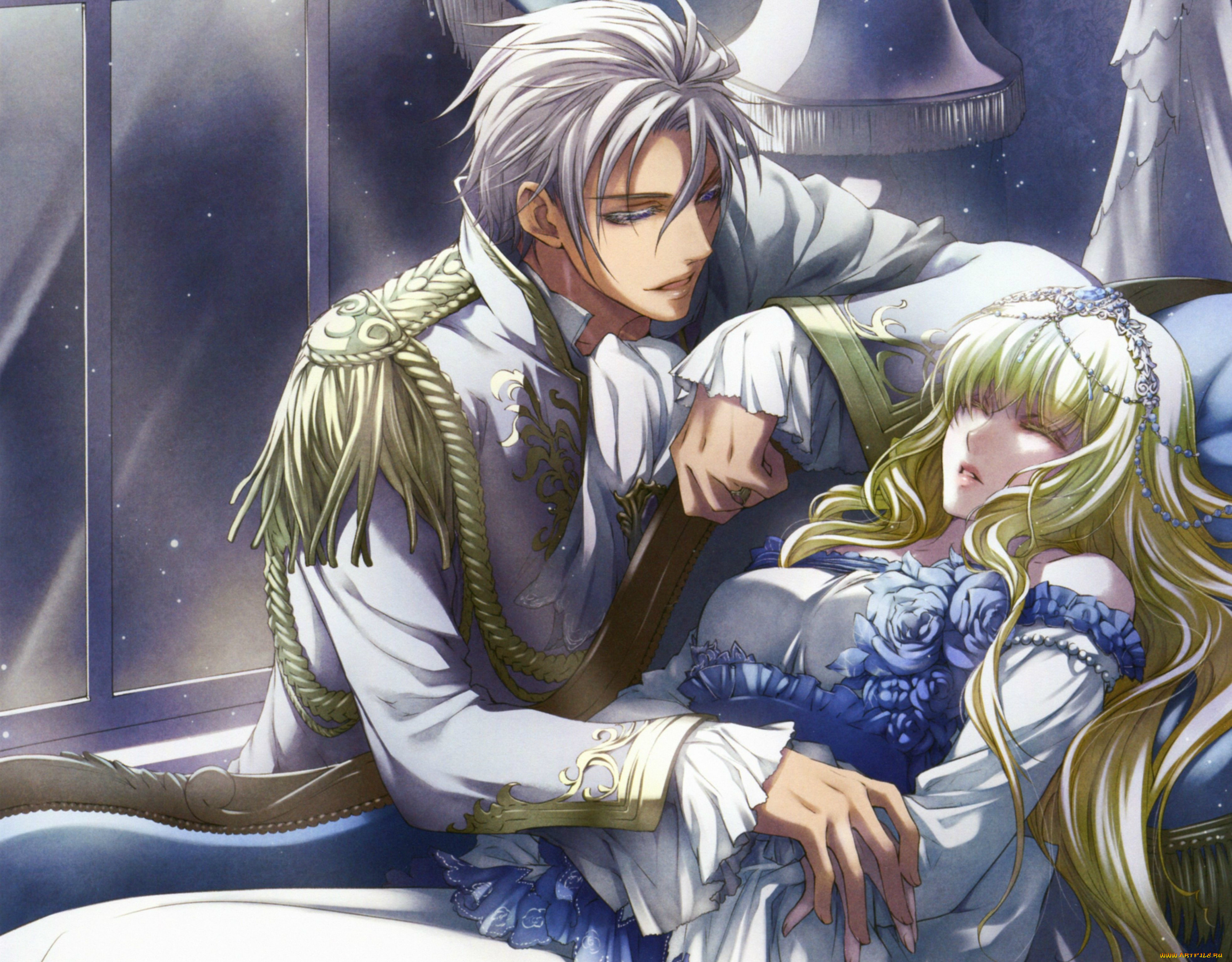 аниме, wand, of, fortune, art, kagerou, usuba, ночь, двое, сон, форма, эполеты, аксельбант, белые, волосы