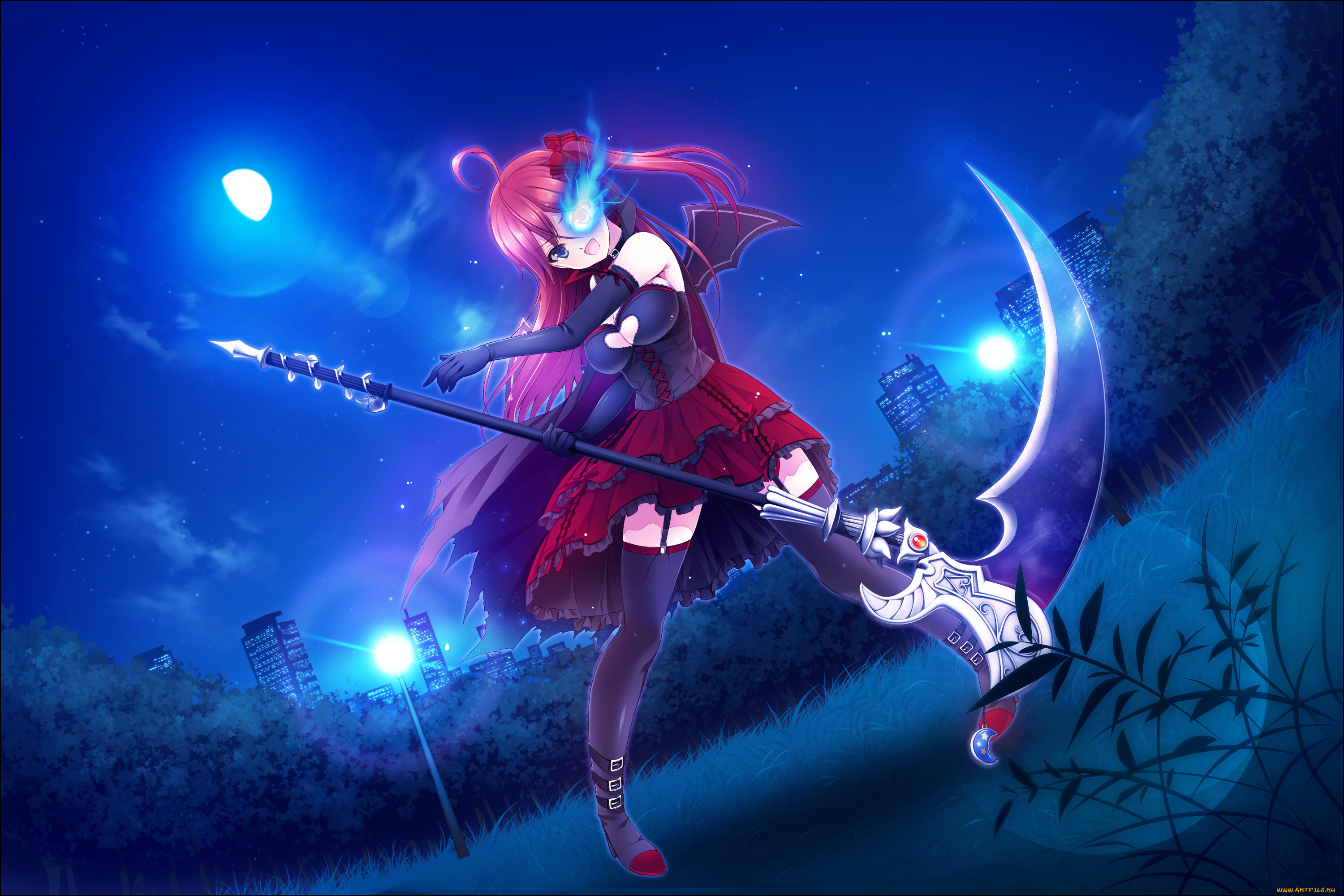 аниме, оружие, , техника, , технологии, коса, девочка, ночь