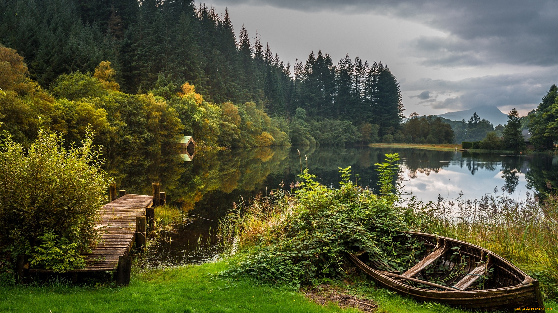 корабли, лодки, , шлюпки, лодка, мостик, озеро, scotland, шотландия, осень, лес