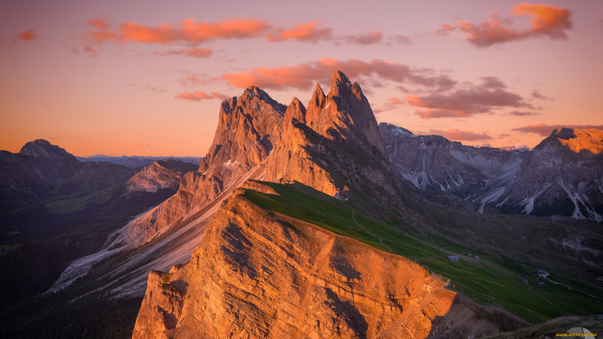 природа, горы, утро, альпы, свет, склон, дома