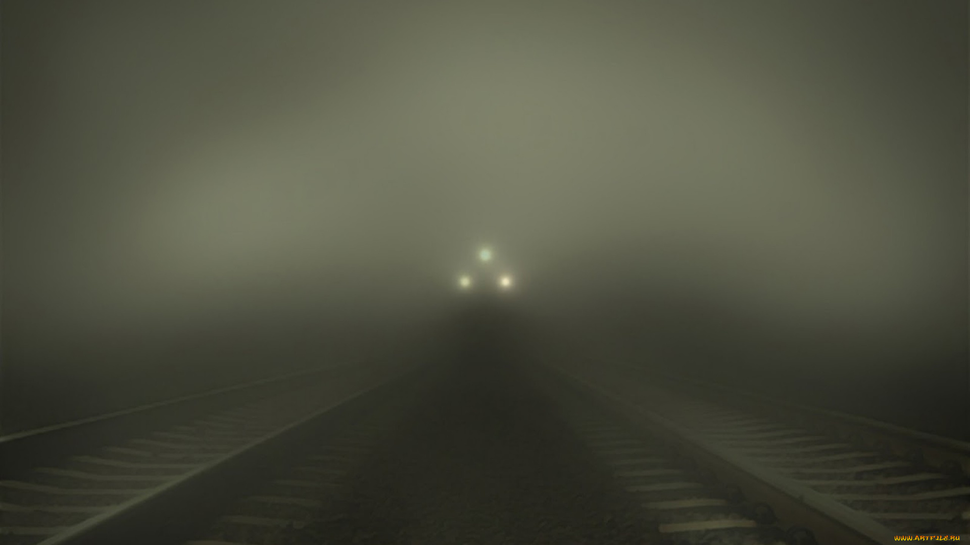 разное, транспортные, средства, и, магистрали, поезд, огни, шпалы, рельсы, железная, дорога, туман, ночь