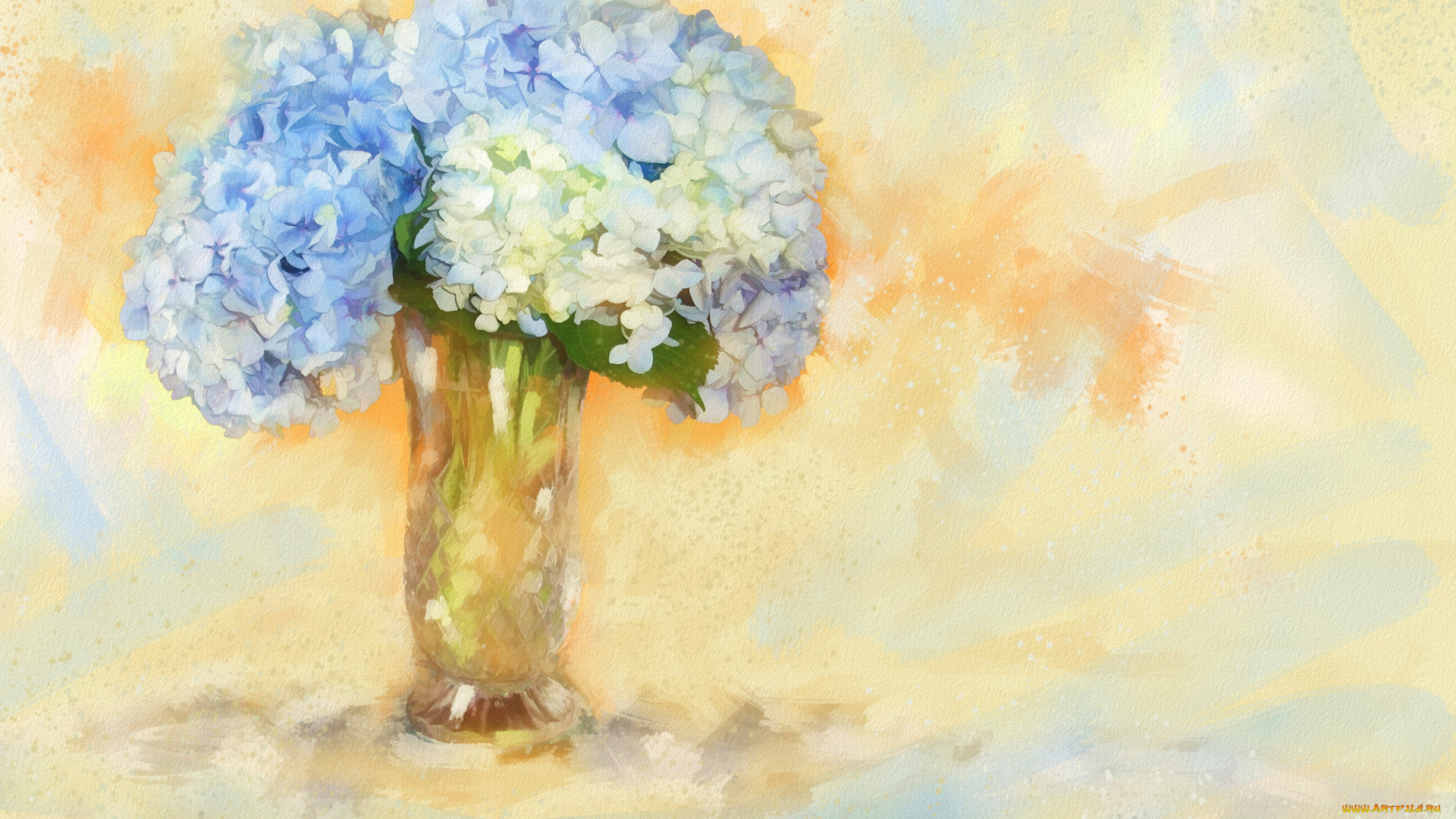 рисованное, цветы, голубые, ваза, фон, рисованные, живопись, рисунок, картина, нежно, светлый, мазки, букет, имитация, акварели, нарисованные, цифровая, гортензия
