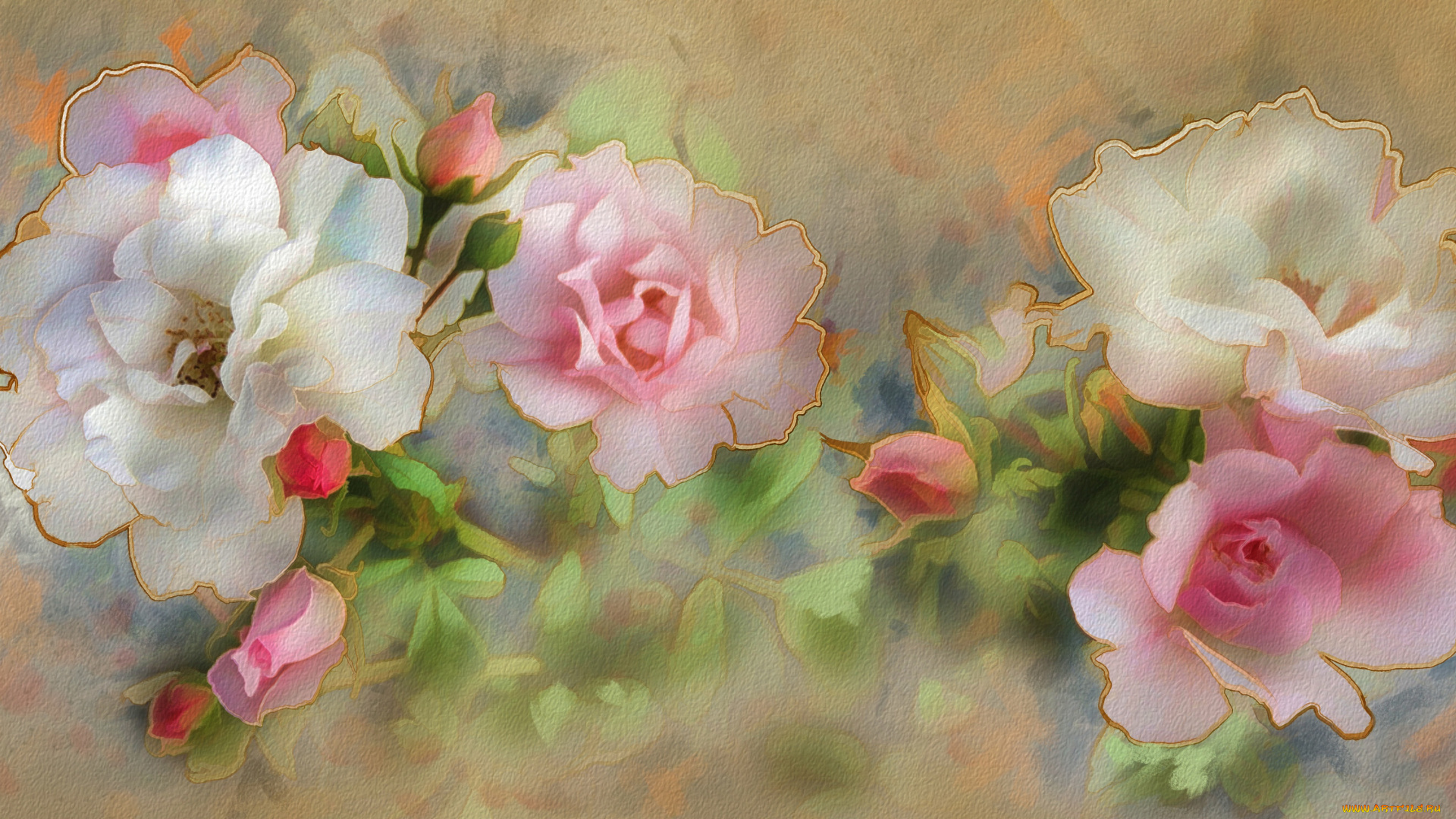 рисованное, цветы, имитация, акварели, бутоны, нарисованные, бежевый, картина, фон, рисованные, живопись, светлый, розы, белые, цветок, роза, рисунок, цифровая, мазки, розовые