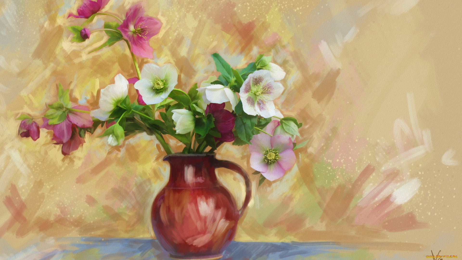 рисованное, цветы, кувшин, ваза, картина, нежно, букет, фон, рисованные, живопись, рисунок, цифровая, имитация, акварели, нарисованные, анемоны, мазки, лепестки