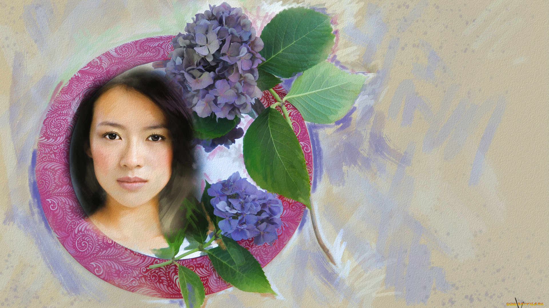 рисованное, люди, в, круге, азиатка, картина, милая, живопись, нарисованная, портрет, фон, актриса, светлый, мазки, имитация