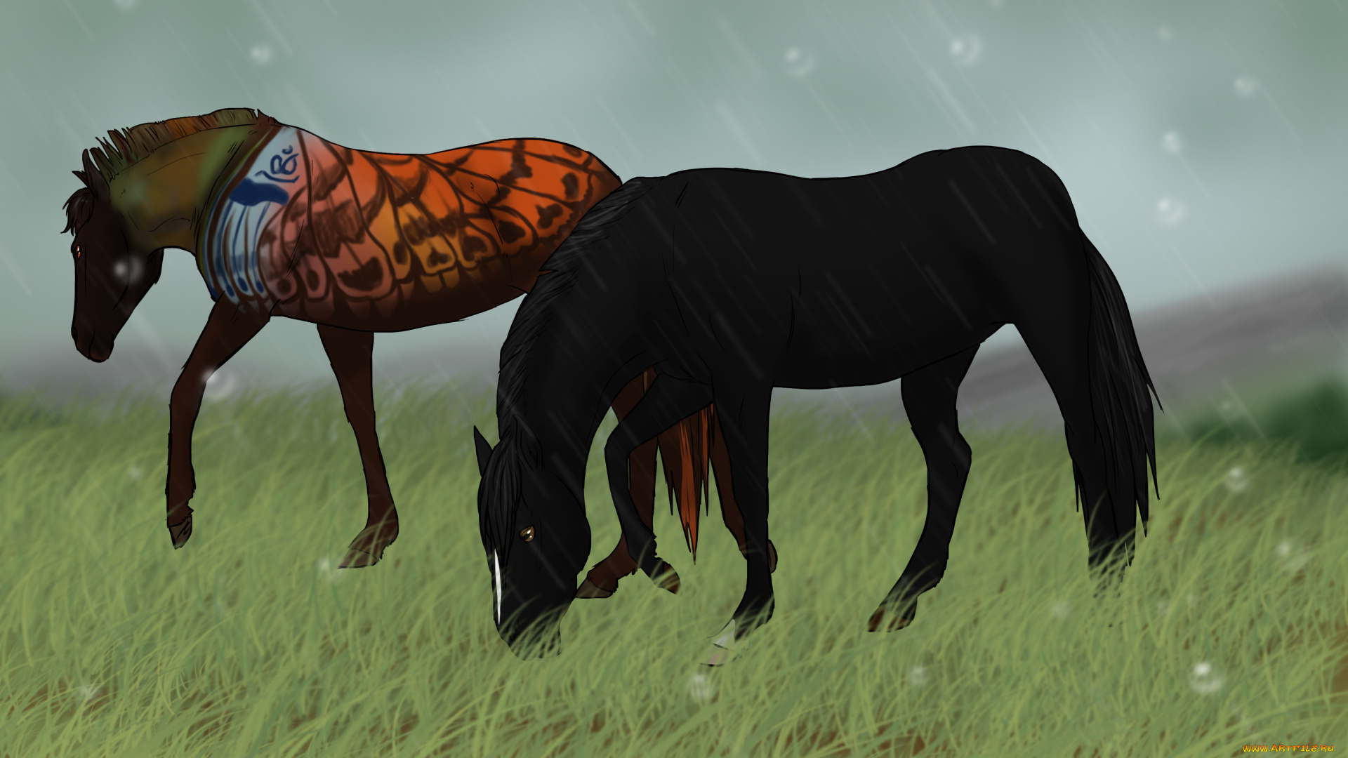 рисованное, животные, , лошади, фон, лошади