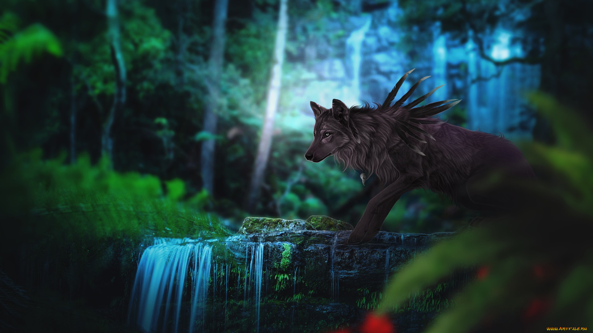 рисованное, животные, , сказочные, , мифические, природа, лес, фэнтези, by, fiirewolf, волк