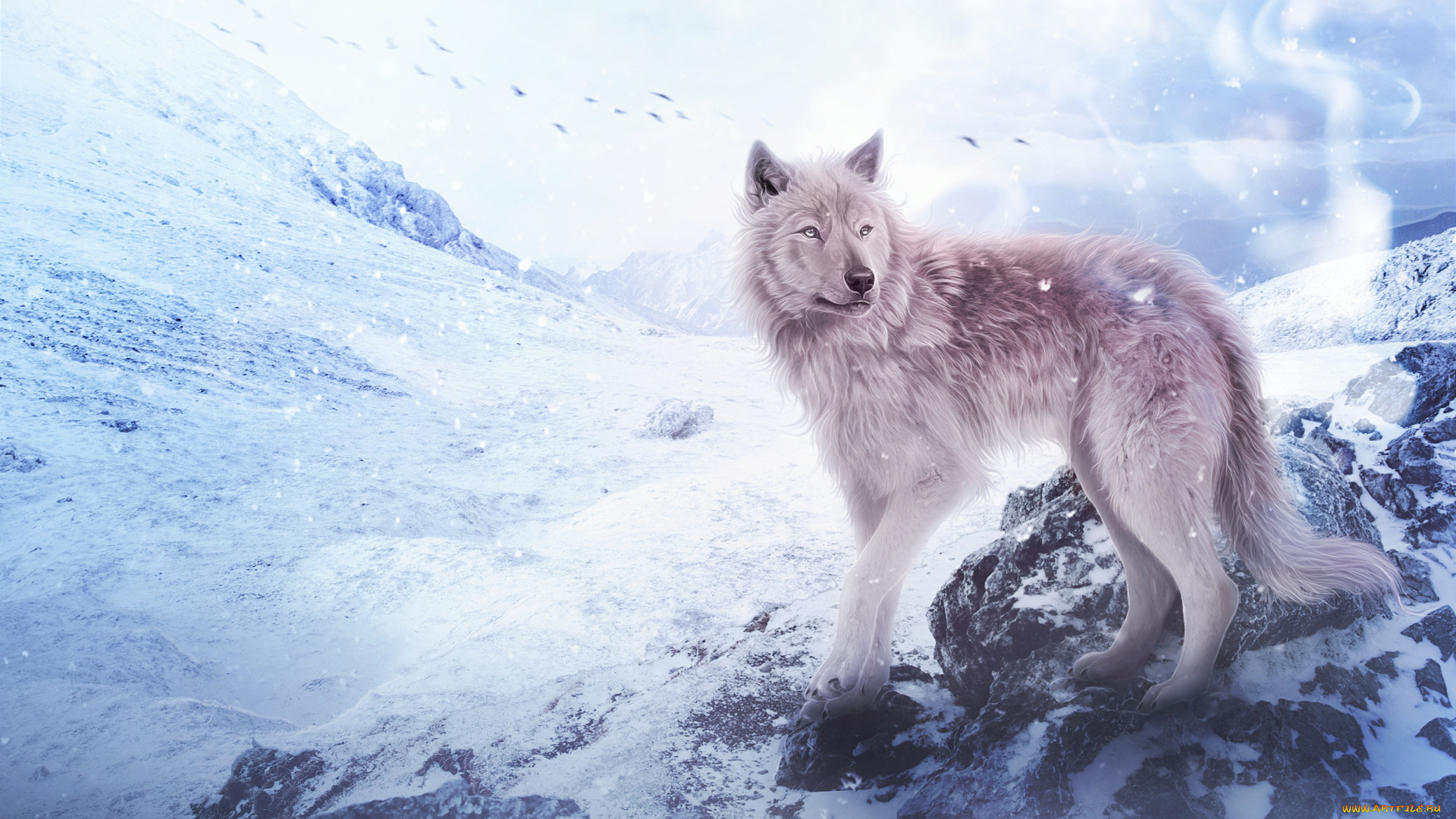 рисованное, животные, , волки, горы, волк, снег, by, fiirewolf