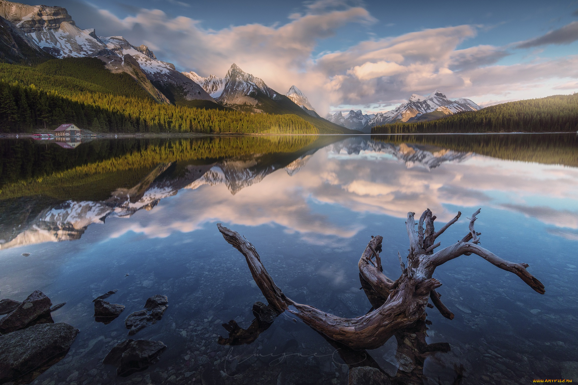 природа, реки, озера, лес, коряга, леса, небо, горы, озеро, облака, домик