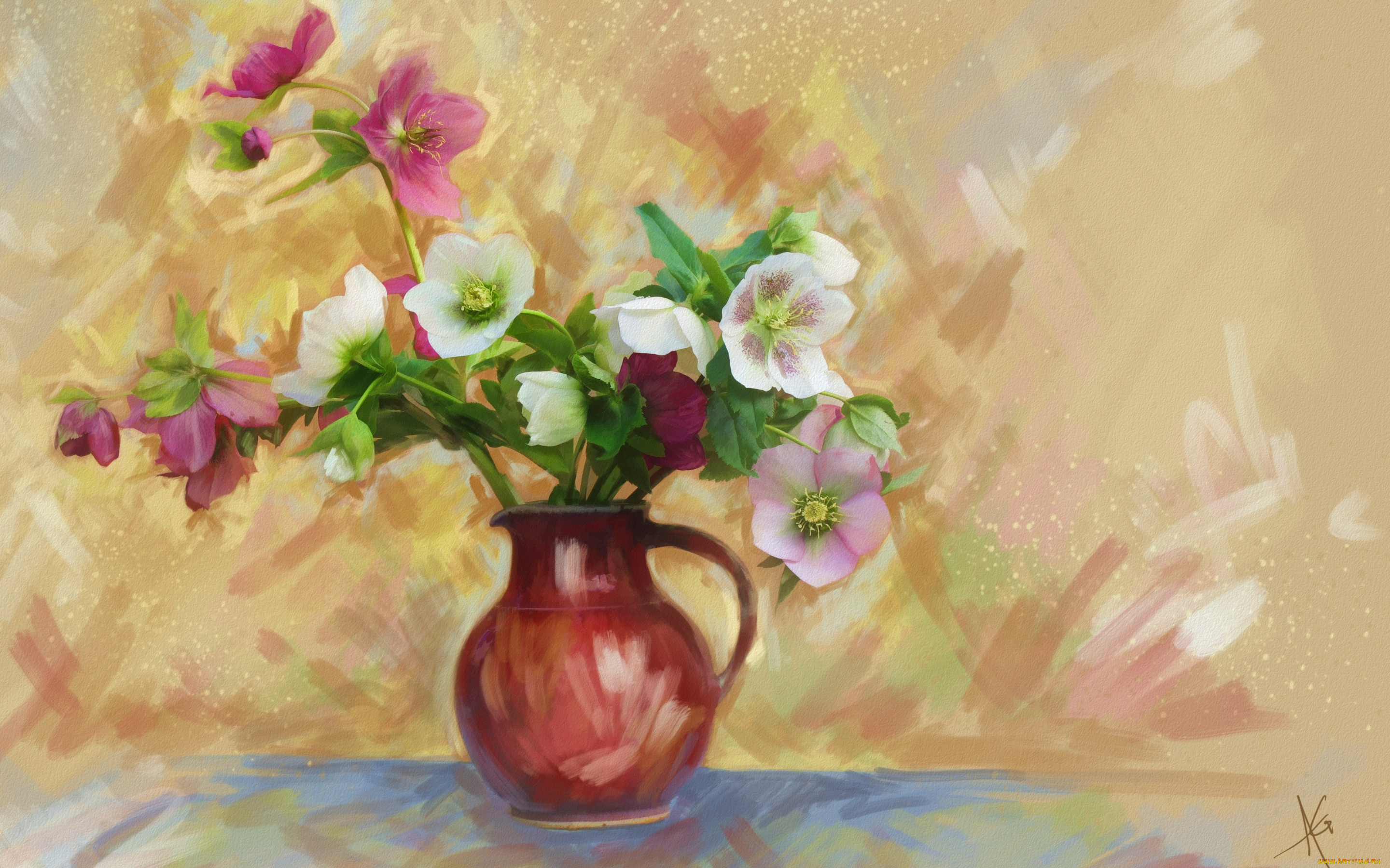 рисованное, цветы, кувшин, ваза, картина, нежно, букет, фон, рисованные, живопись, рисунок, цифровая, имитация, акварели, нарисованные, анемоны, мазки, лепестки
