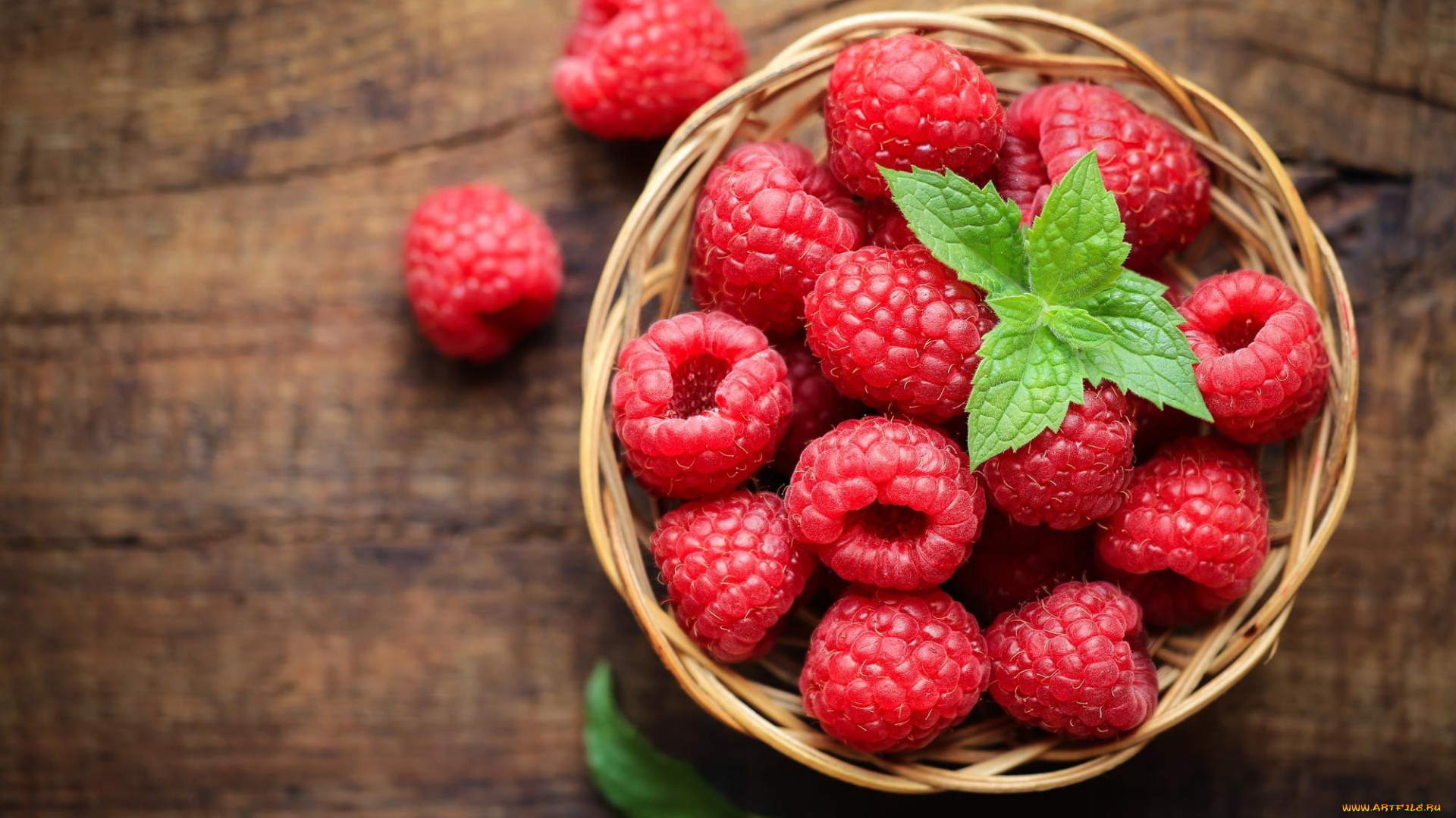 еда, малина, корзинка, мята, ягоды