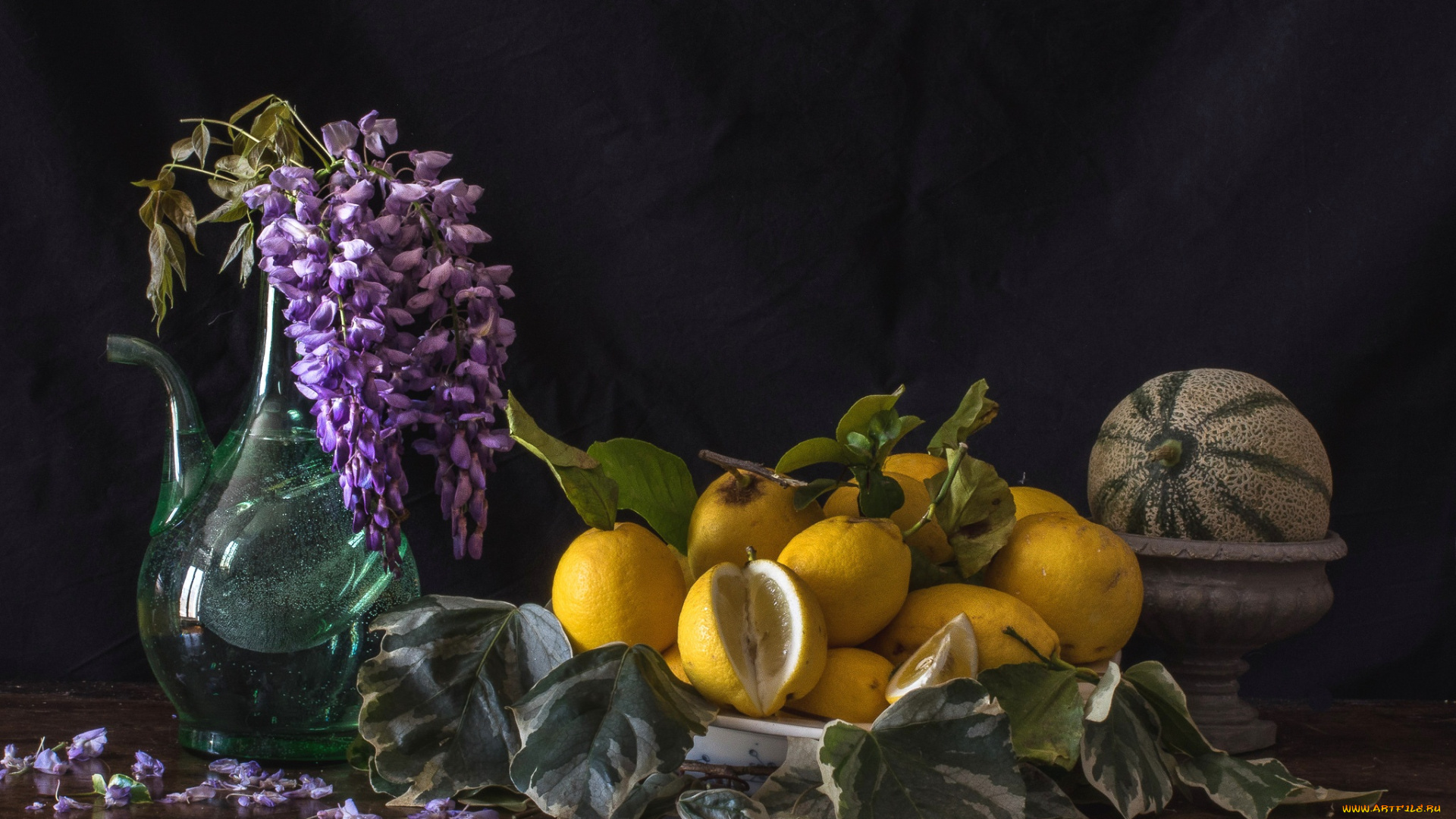 еда, натюрморт, дыня, глициния, лимоны