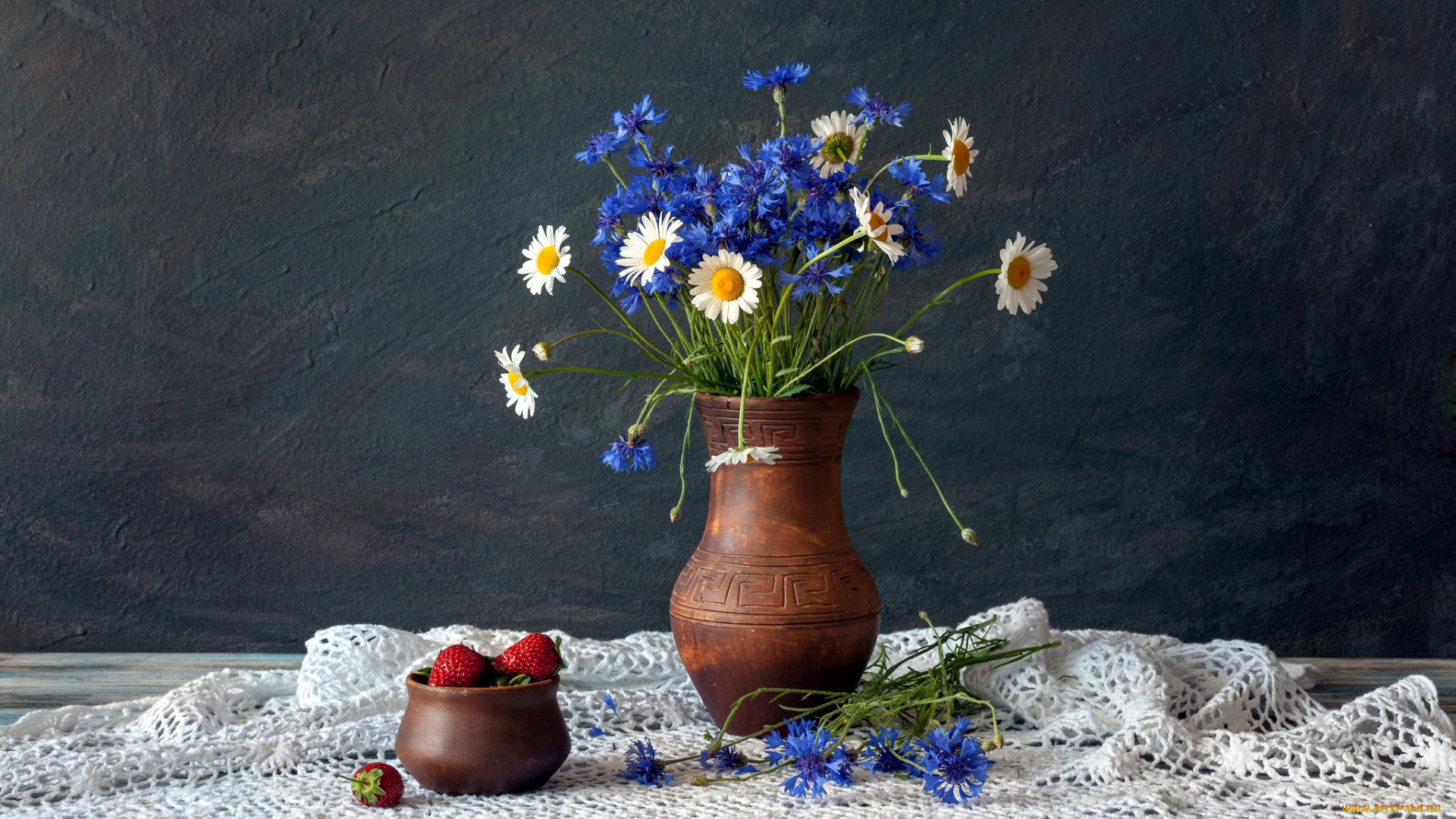 еда, натюрморт, клубника, ромашки, васильки