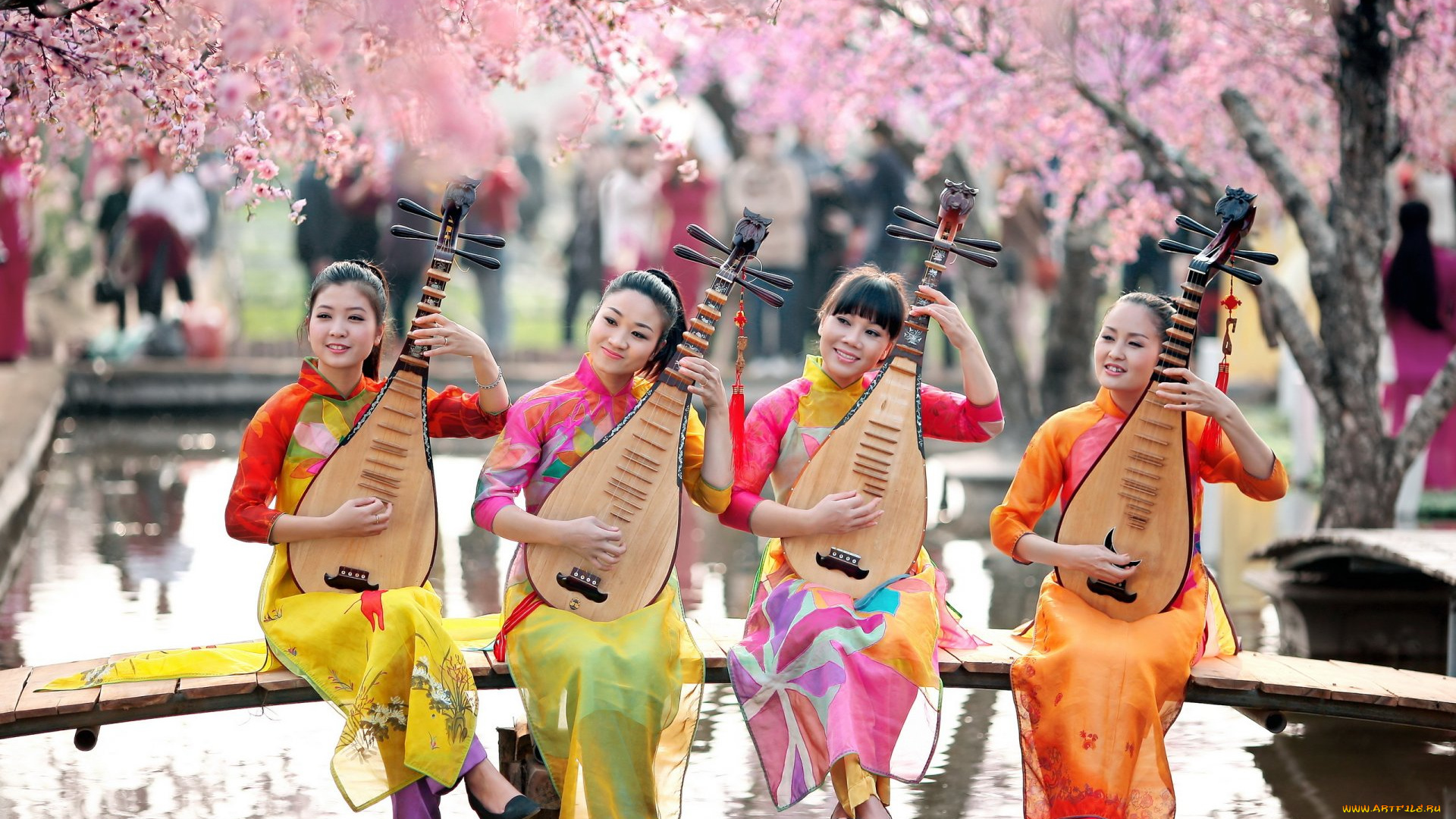 музыка, -другое, азиатка, взгляд, природа, инструмент, девушка