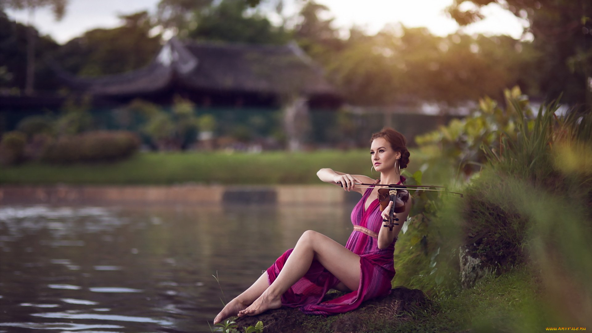 музыка, -другое, девушка, природа, водоем, взгляд, скрипка