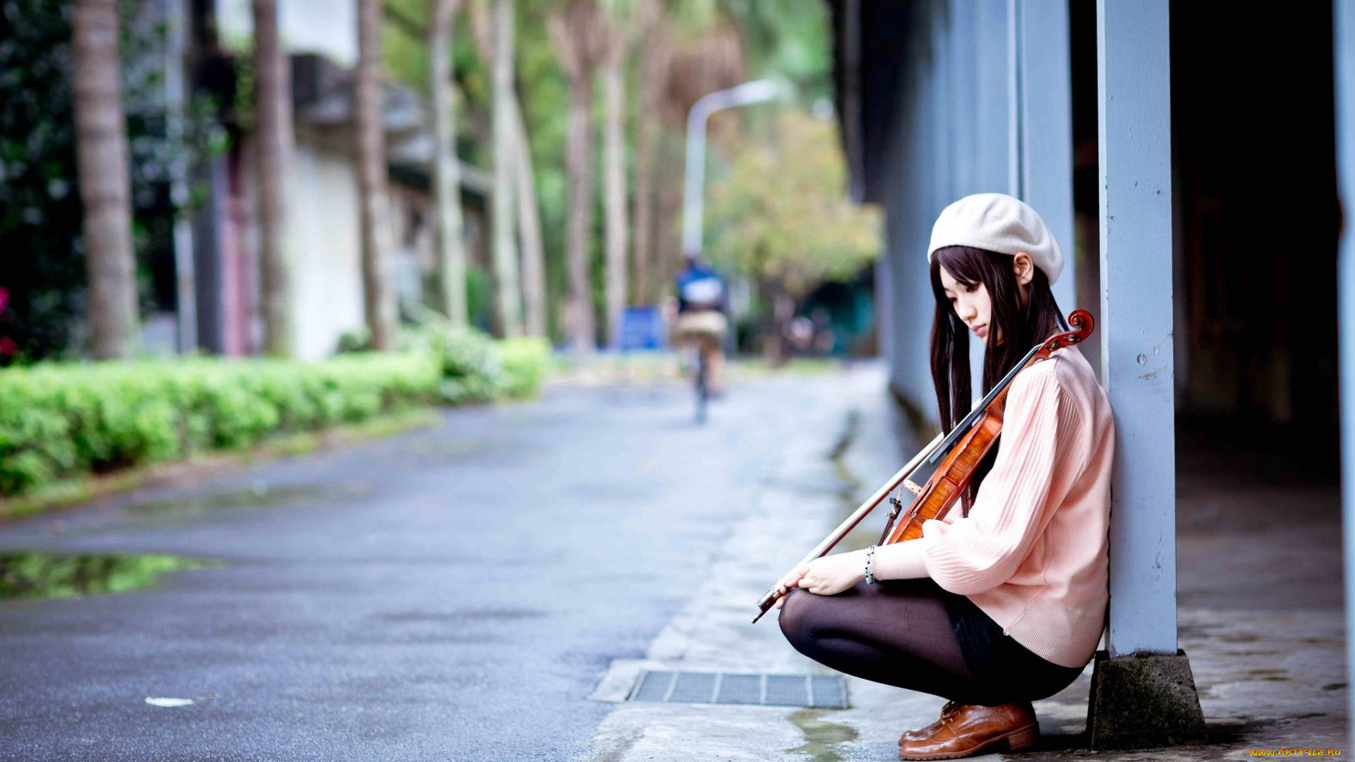 музыка, -другое, скрипка, девушка, дорога, улица, берет