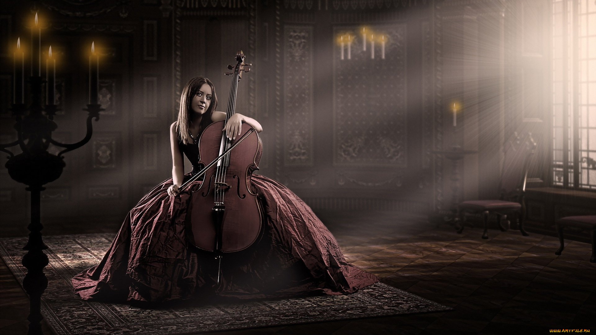музыка, -другое, взгляд, девушка, виолончель, зал