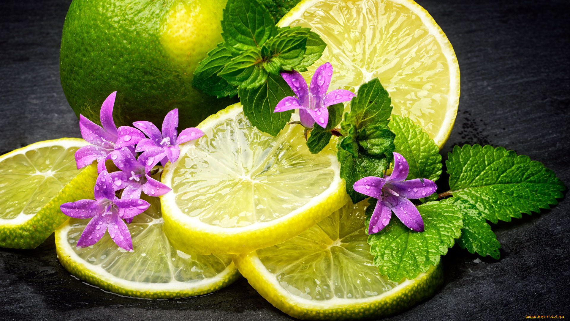 еда, цитрусы, лимон, мята, цветы