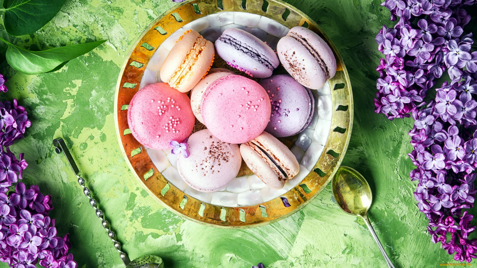 еда, макаруны, сирень, ассорти, печенье, лакомство