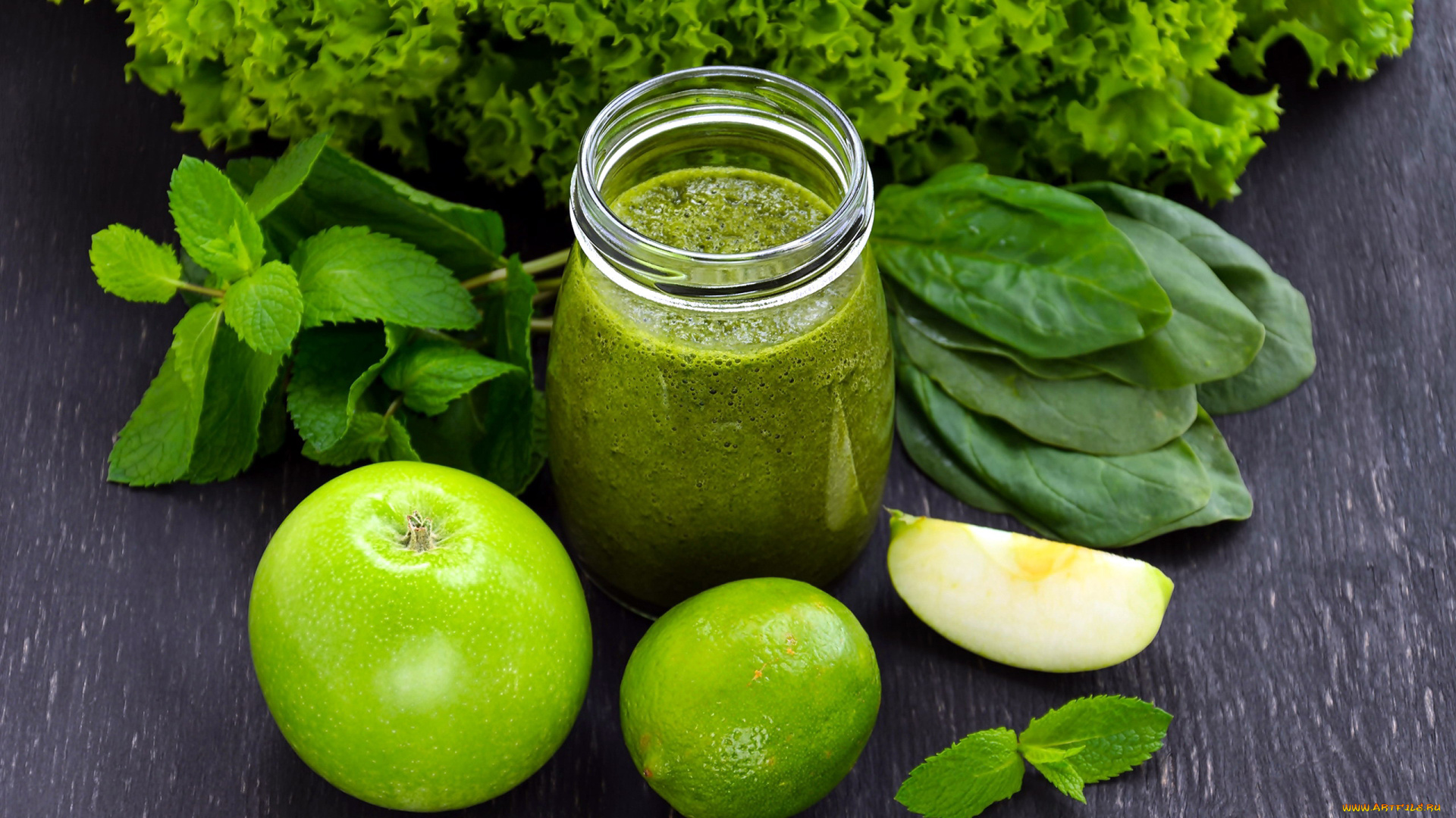 еда, напитки, смузи, лайм, шпинат, мята, яблоко