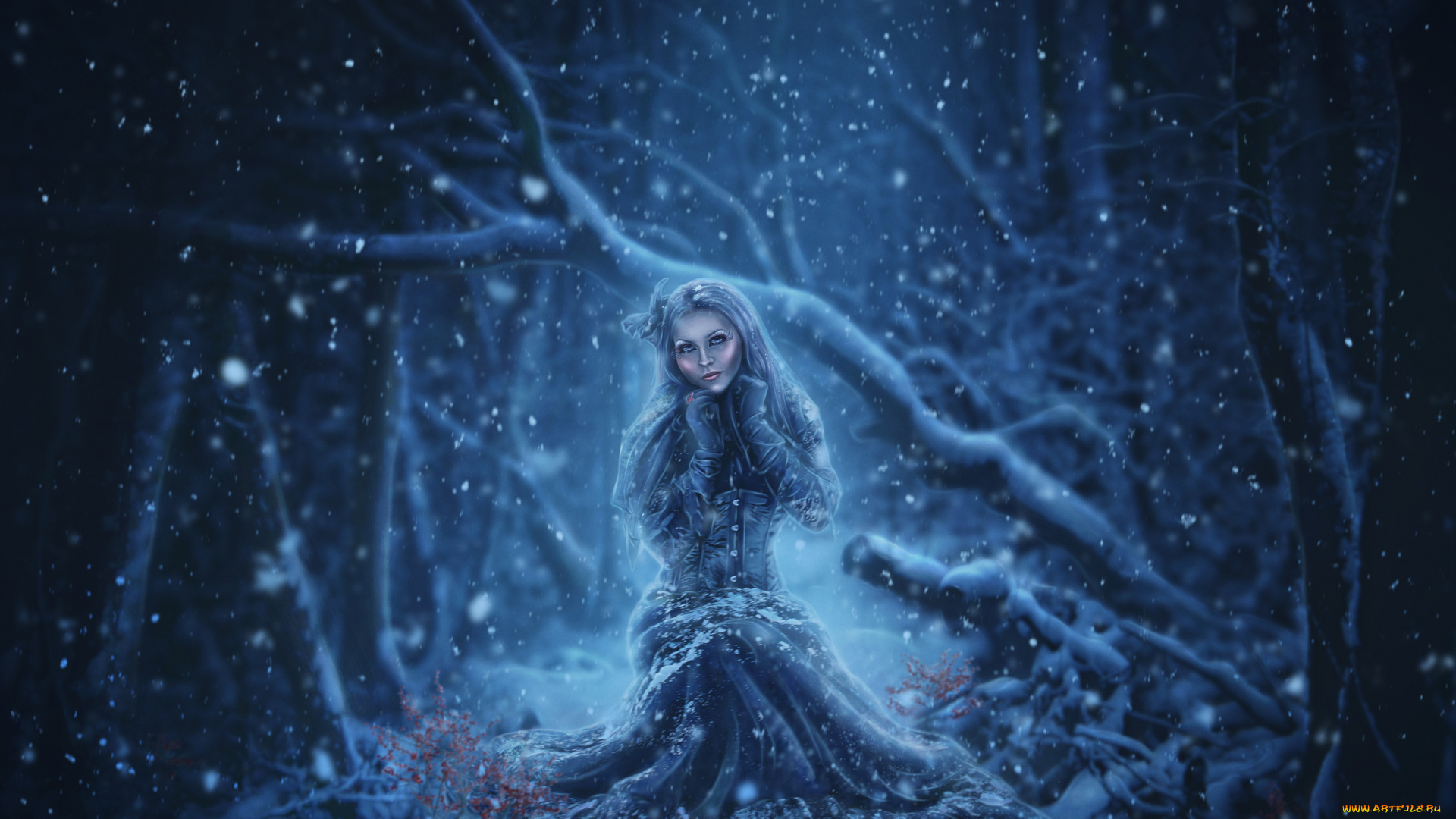 фэнтези, фотоарт, девушка, снег, платье, взгляд, фон
