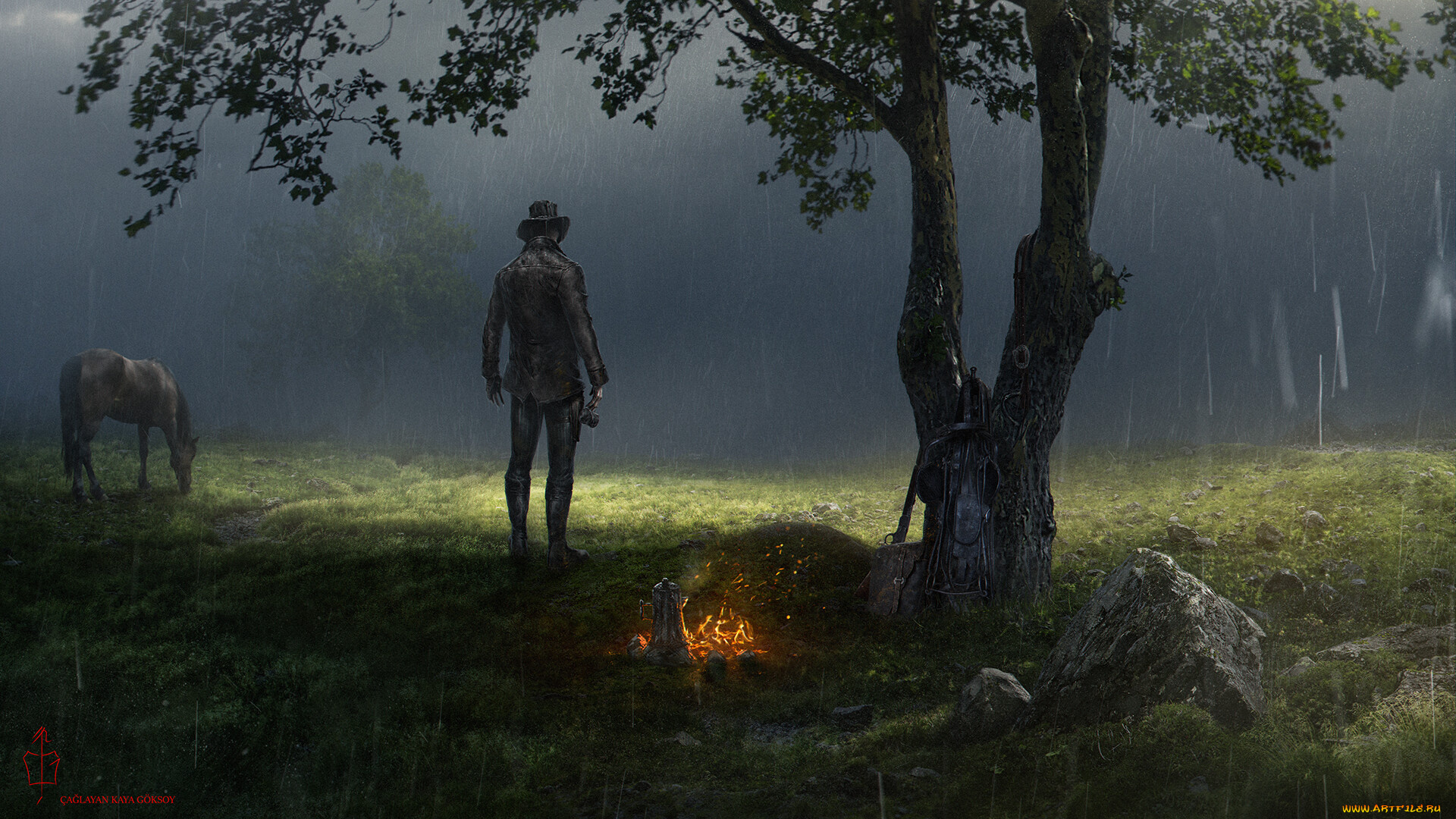 фэнтези, люди, дерево, костер, поляна, лошадь, дождь, человек