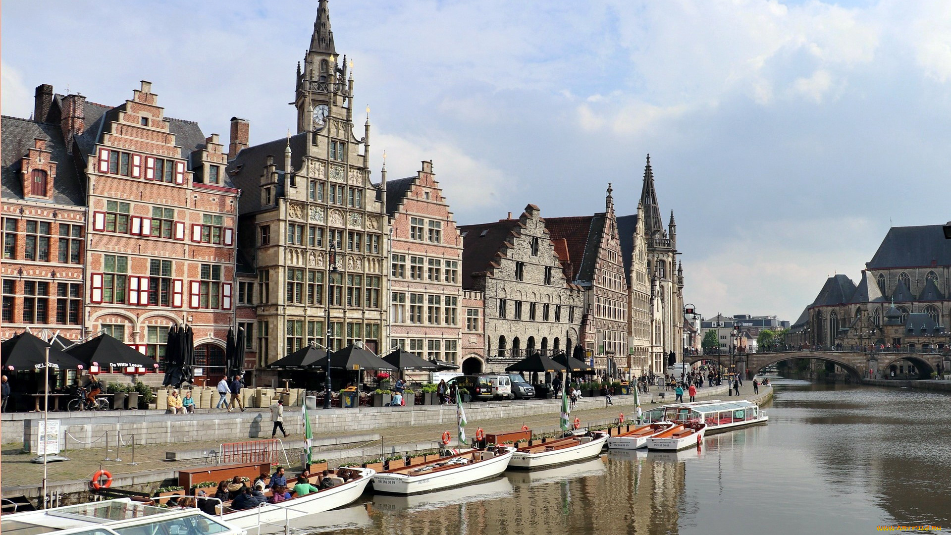 города, гент, , бельгия, лодки, набережная, канал