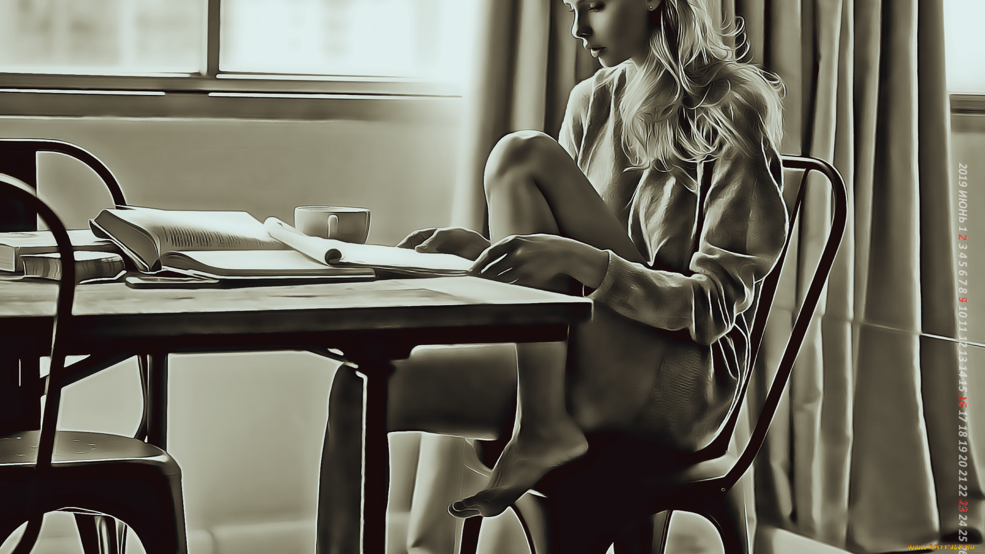 календари, компьютерный, дизайн, книга, окно, стол, девушка, 2019, calendar, женщина, мебель, комната, стул