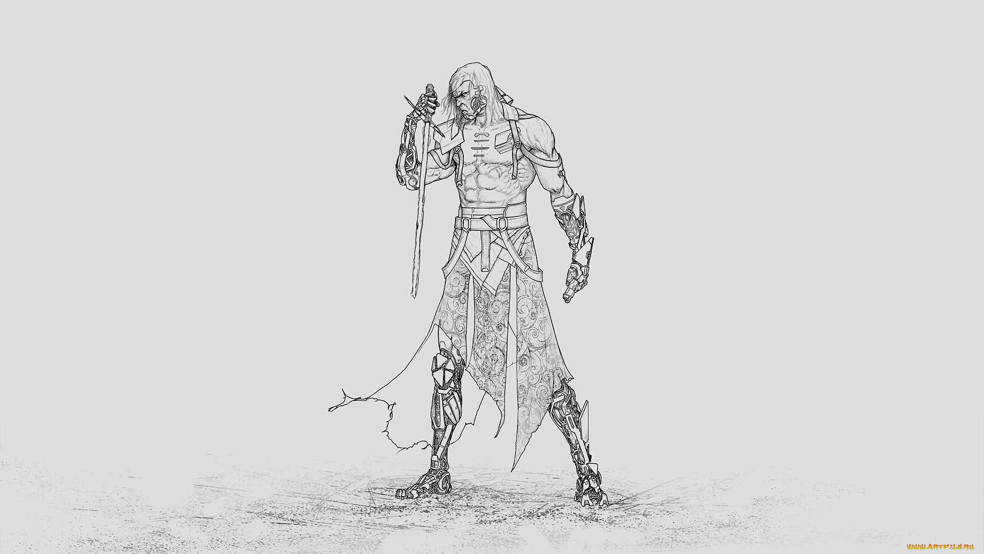 рисованное, комиксы, скетч, меч, киборг