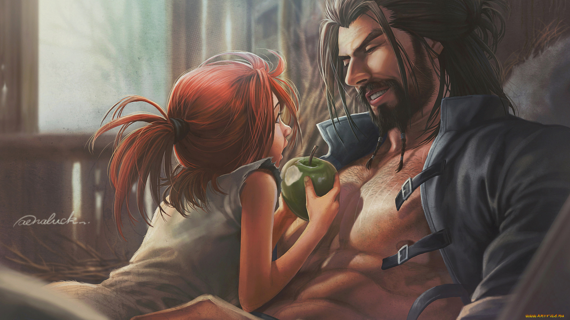 рисованное, люди, разговор, гамак, яблоко, девочка, мужчина