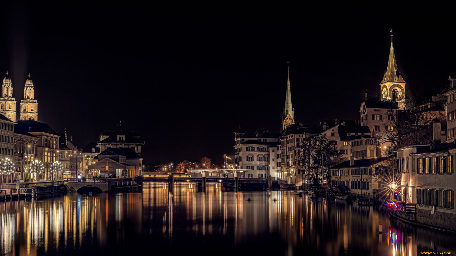 города, цюрих, , швейцария, река, ночь, огни