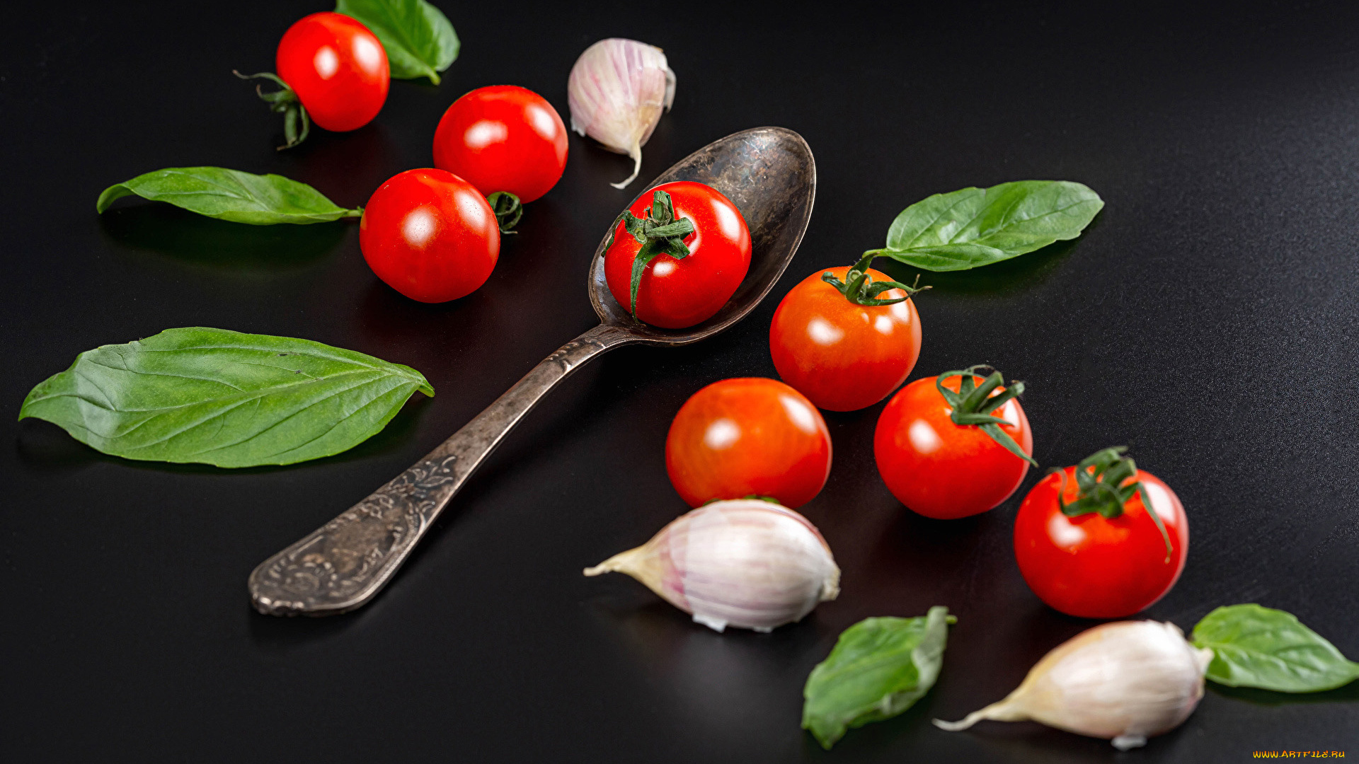 еда, помидоры, черри, базилик, чеснок