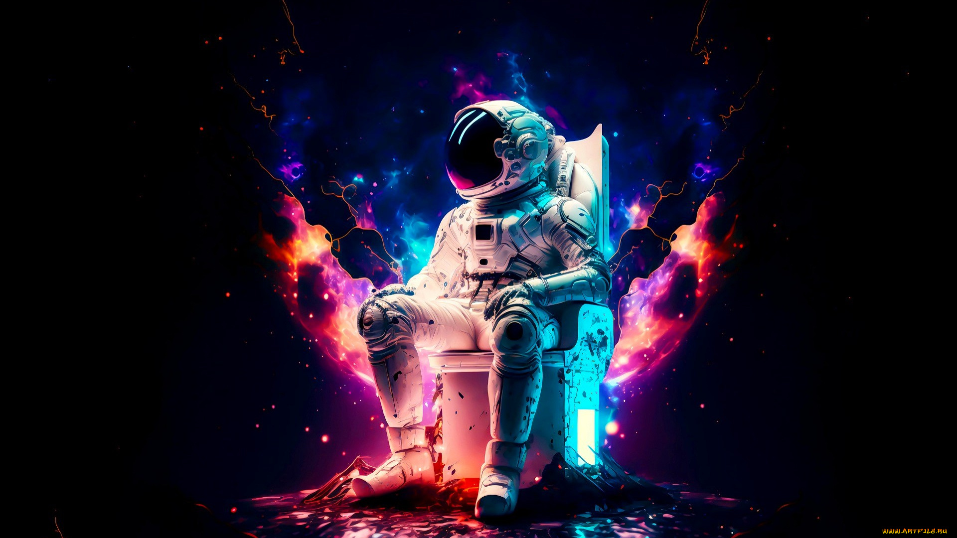 космос, арт, космонавт, кресло, скафандр, шлем