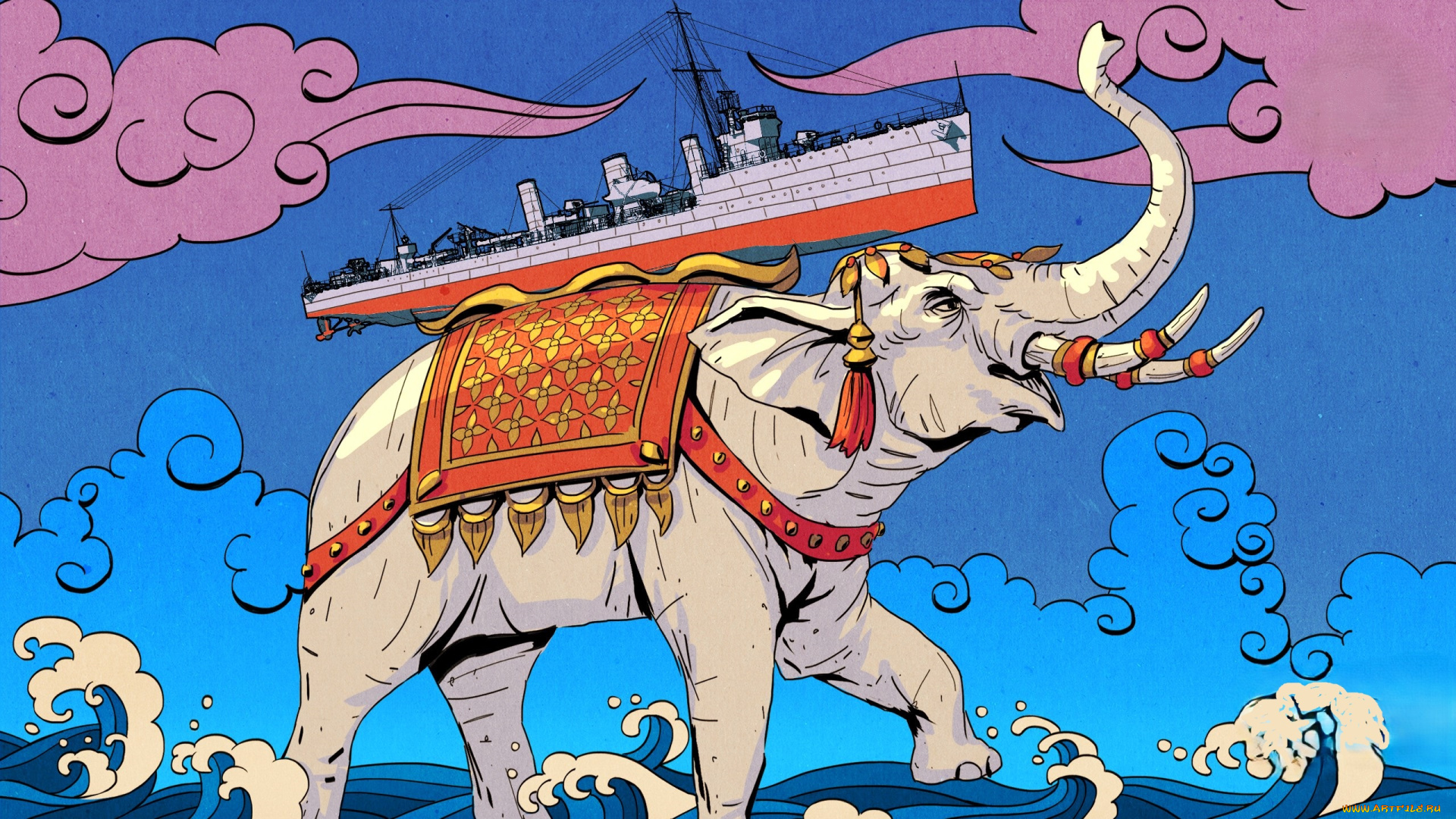 видео, игры, world, of, warships, облака, море, слон, корабль