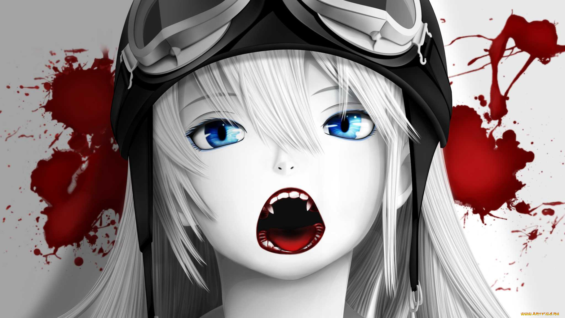 аниме, bakemonogatari, oshino, shinobu, девушка, кровь, шлем, клыки