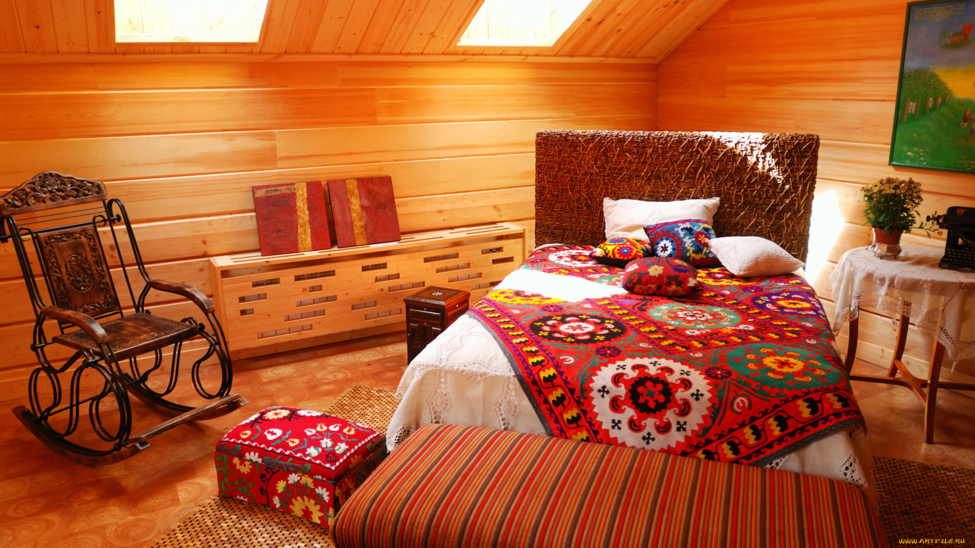 интерьер, спальня, мансарда, кровать, кресло, качалка