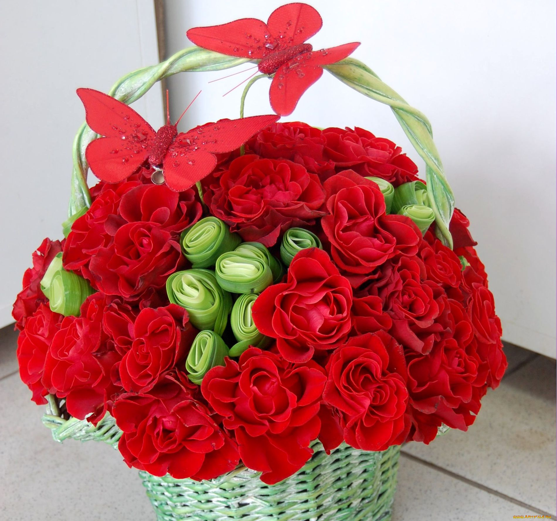 цветы, букеты, композиции, бабочки, розы, корзина