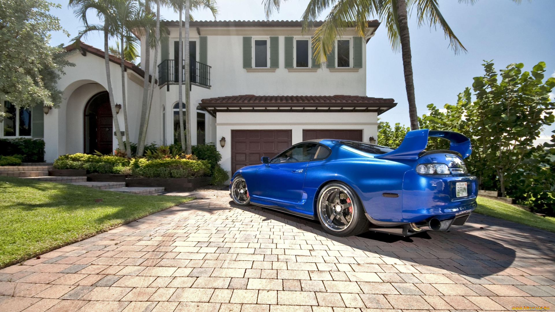 toyota, supra, автомобили, синий, тюнинг, пальмы, дом